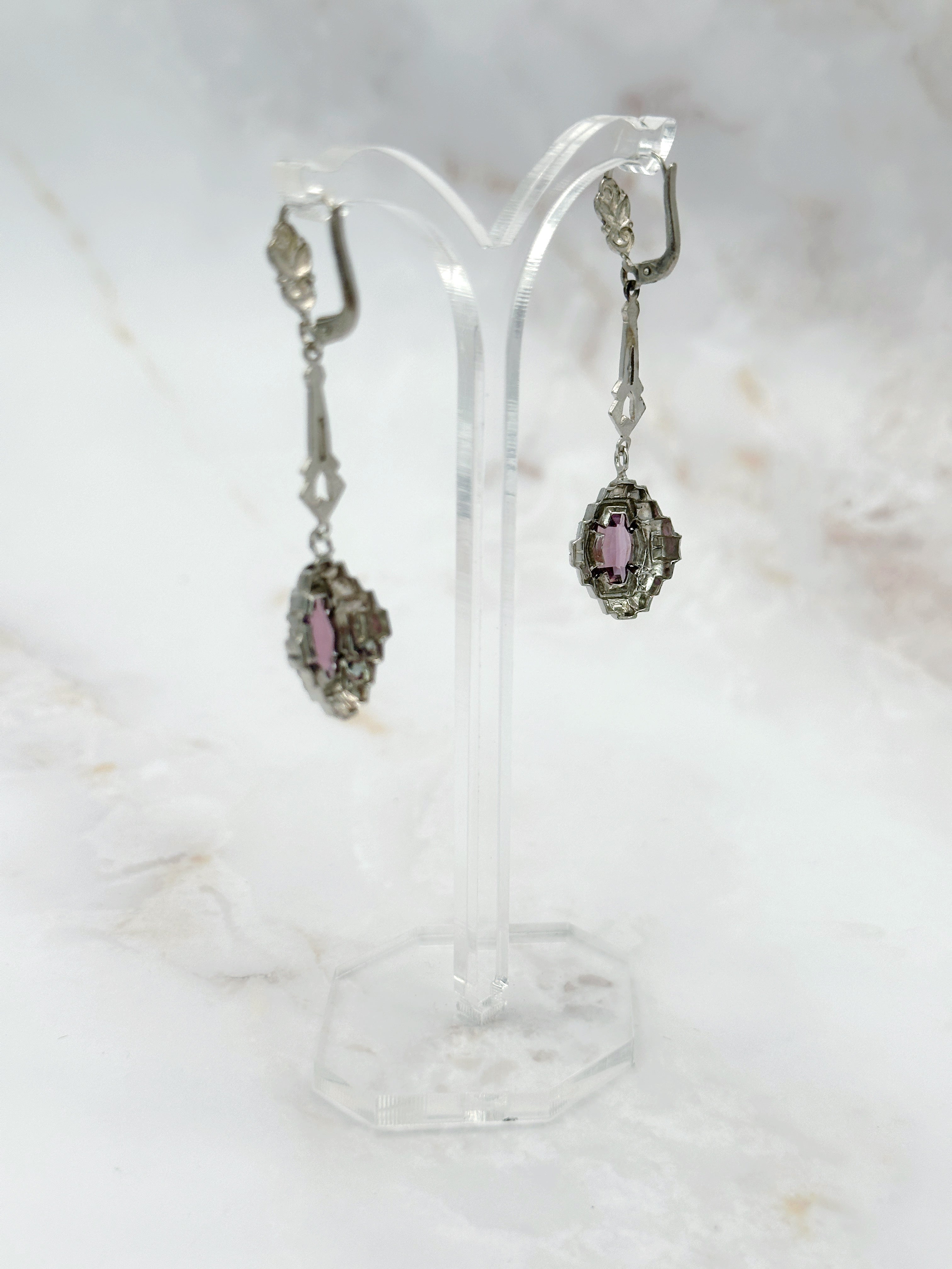 Long Art Deco earrings marcasite & purple glass stone