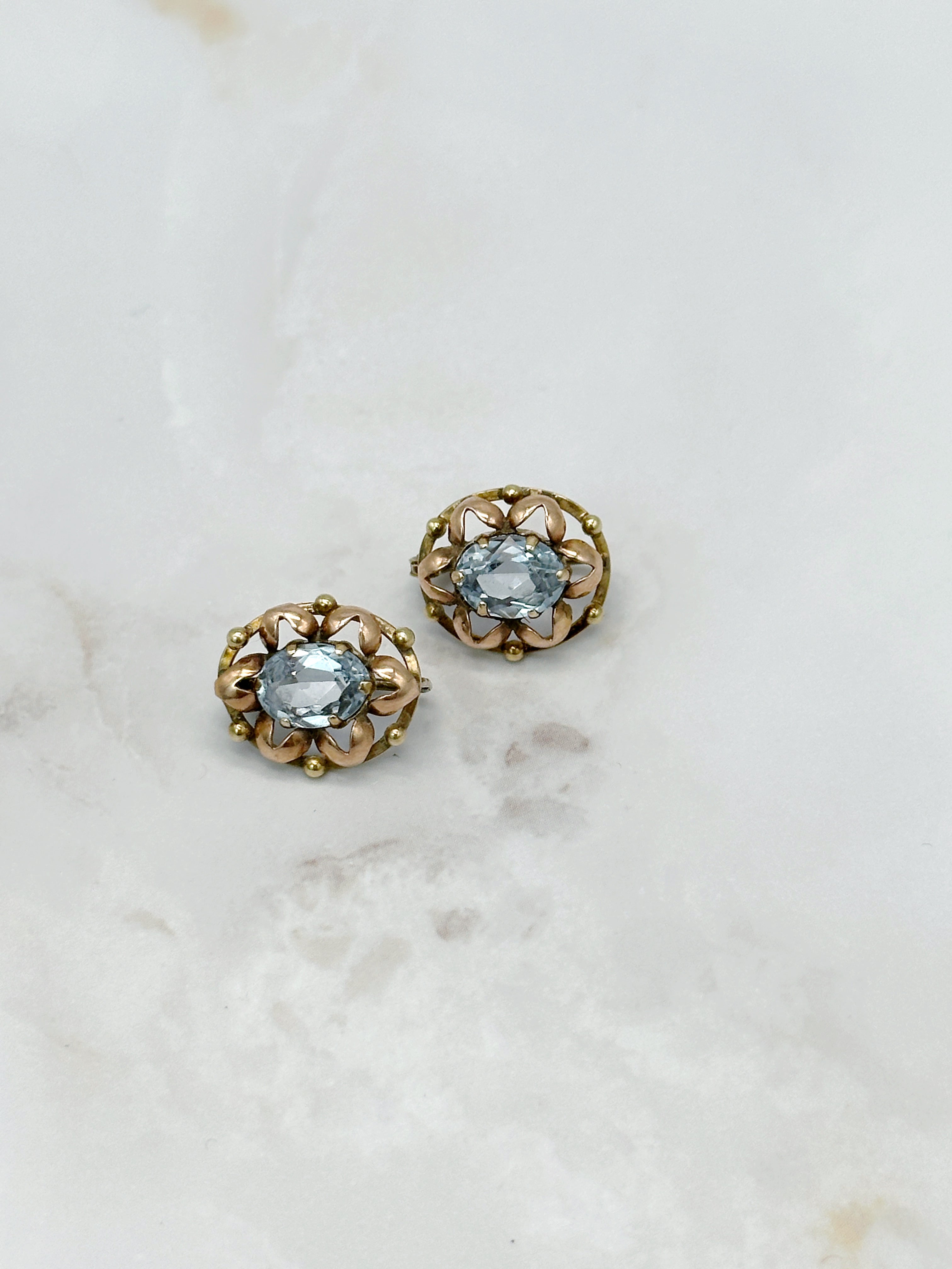 Vintage earrings bicolor gold blue synthetic spinel 50s