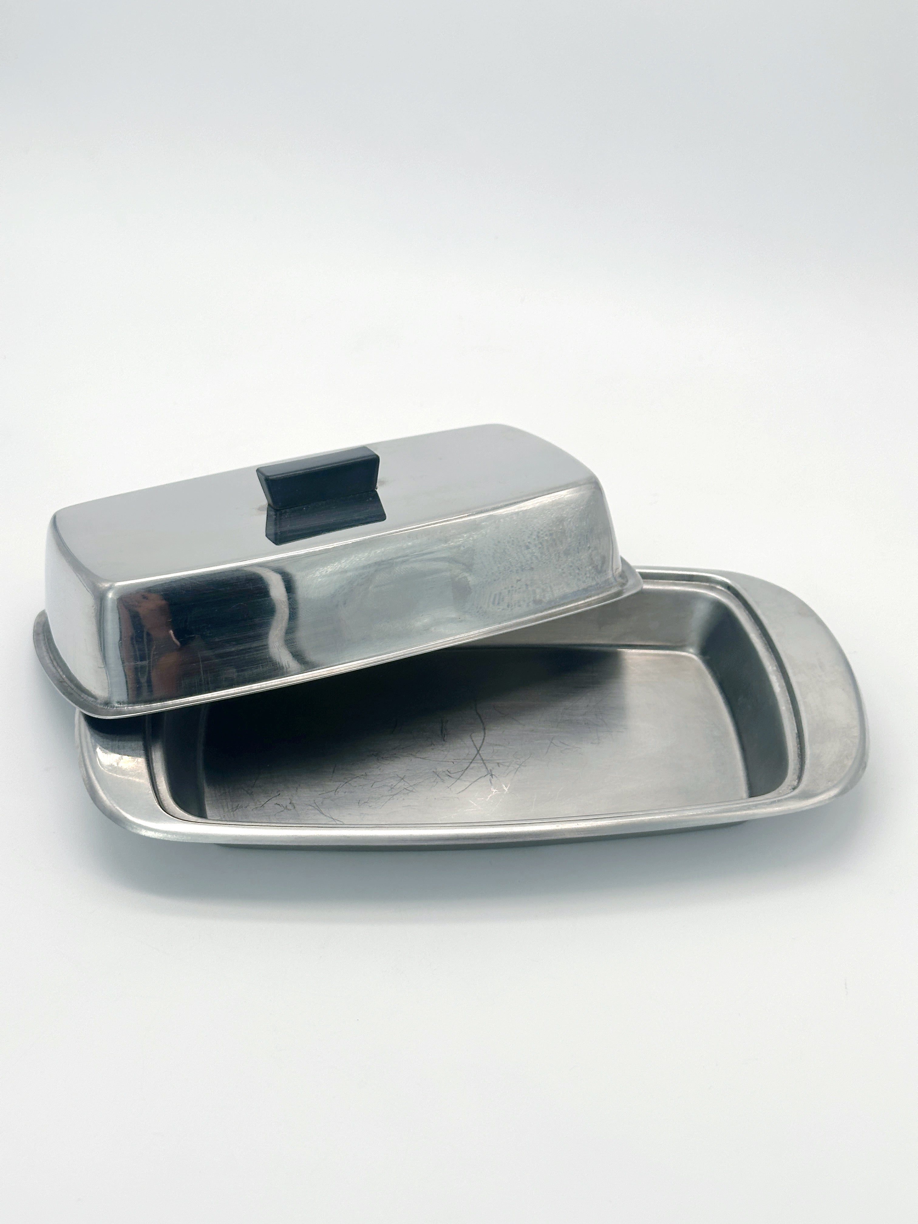 Vintage stainless steel butter dish from the 1960s