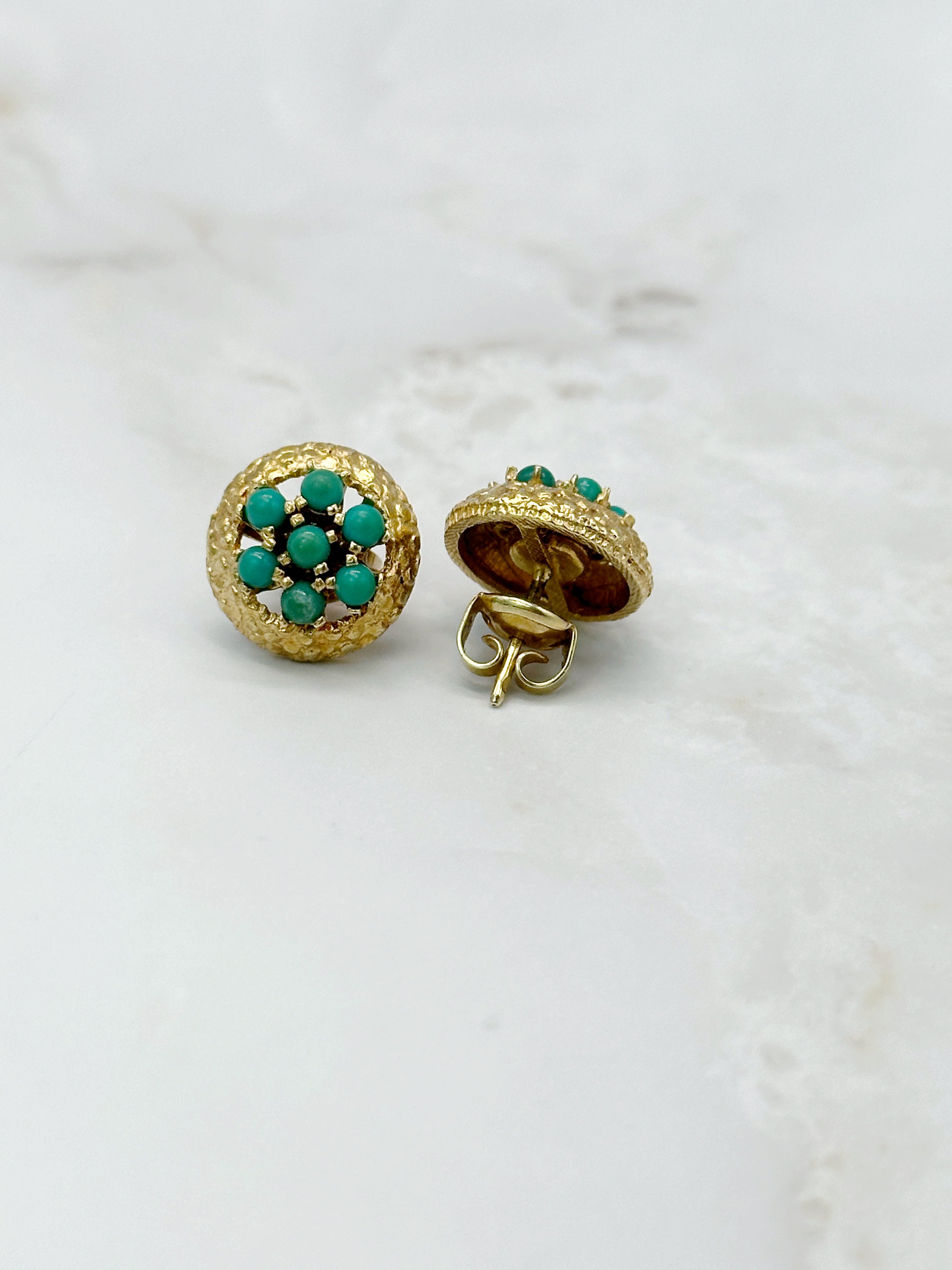 Elegant gold turquoise stud earrings with textured surface