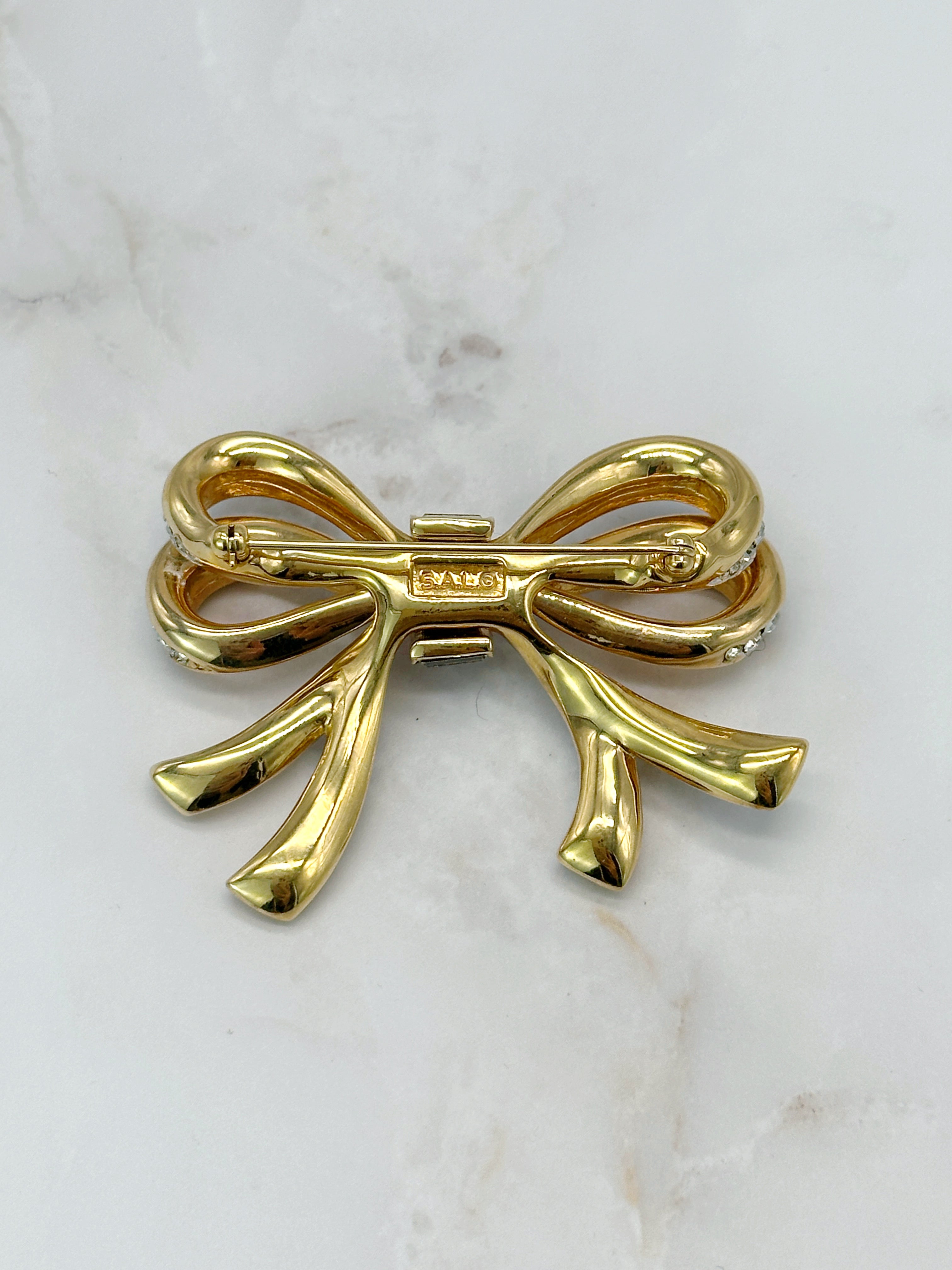 Vintage Swarovski S.A.L. Schleifen-Brosche, vergoldet mit Strass