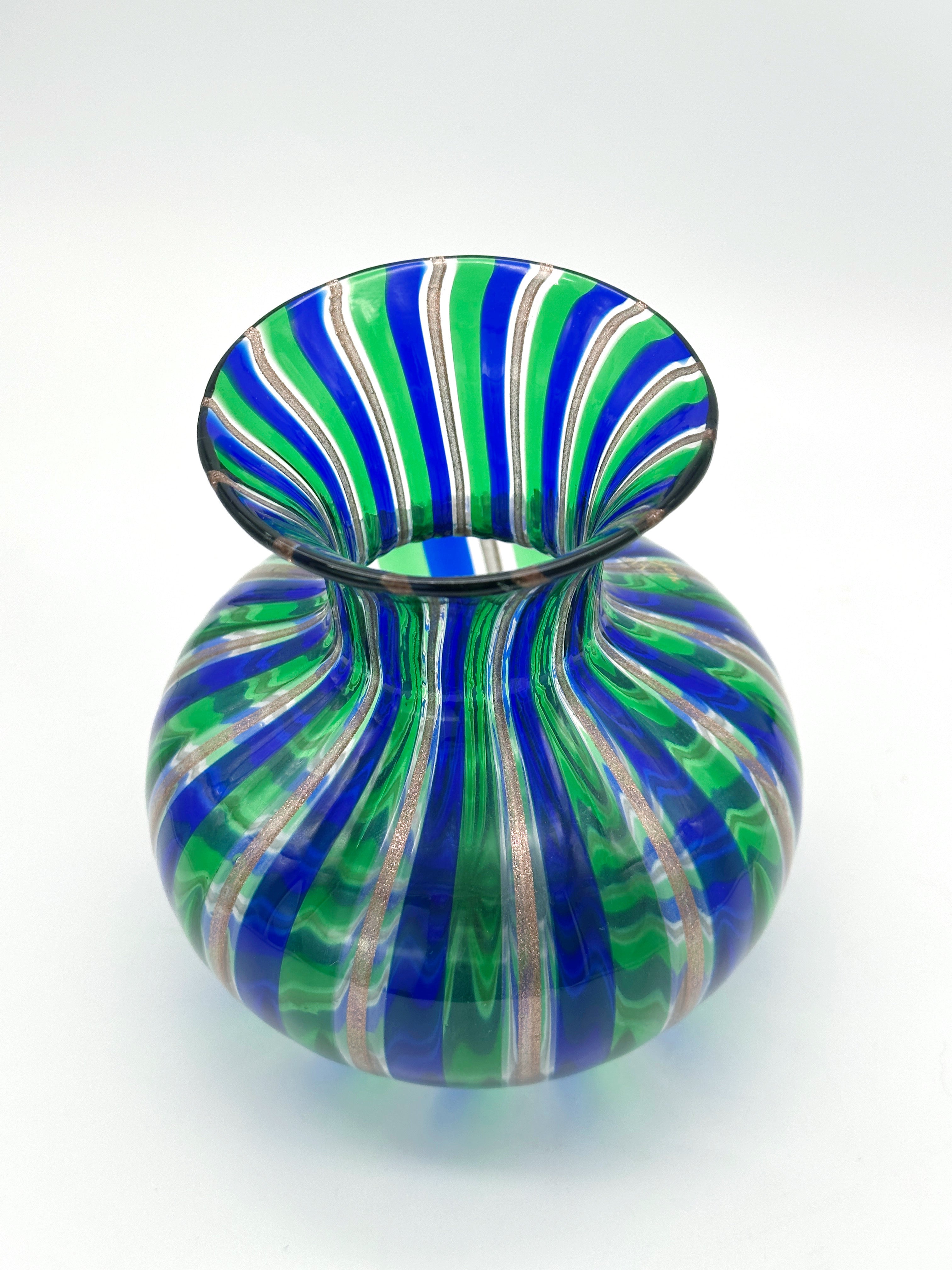 Murano glass vase, blue/green striped with gold flow