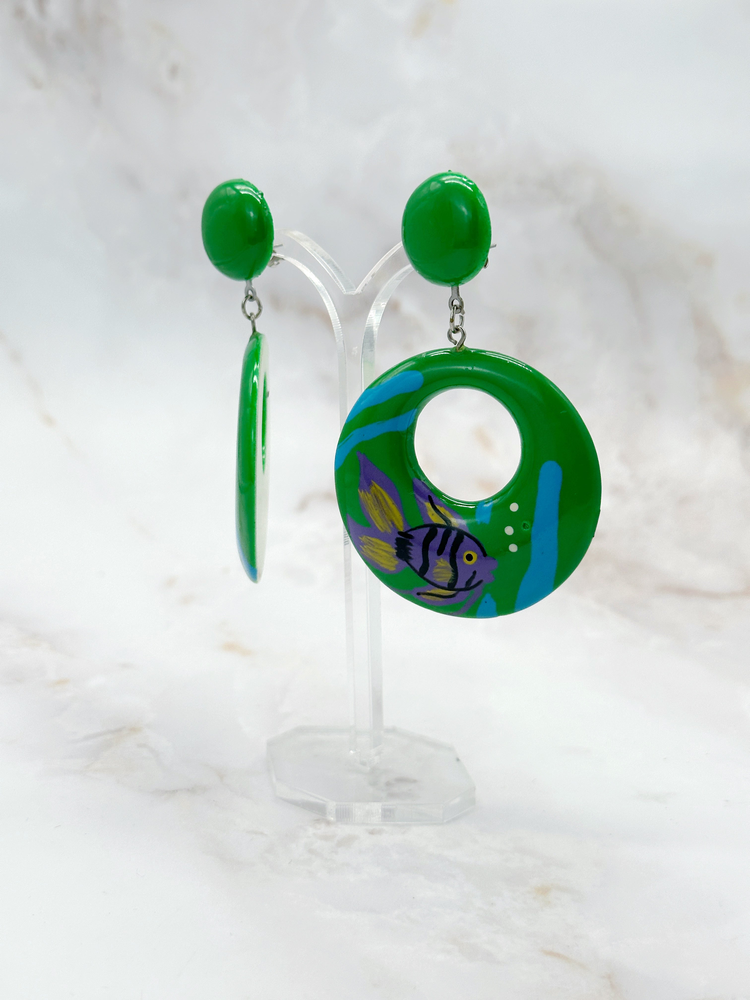Long Vintage Earrings Painted Fish