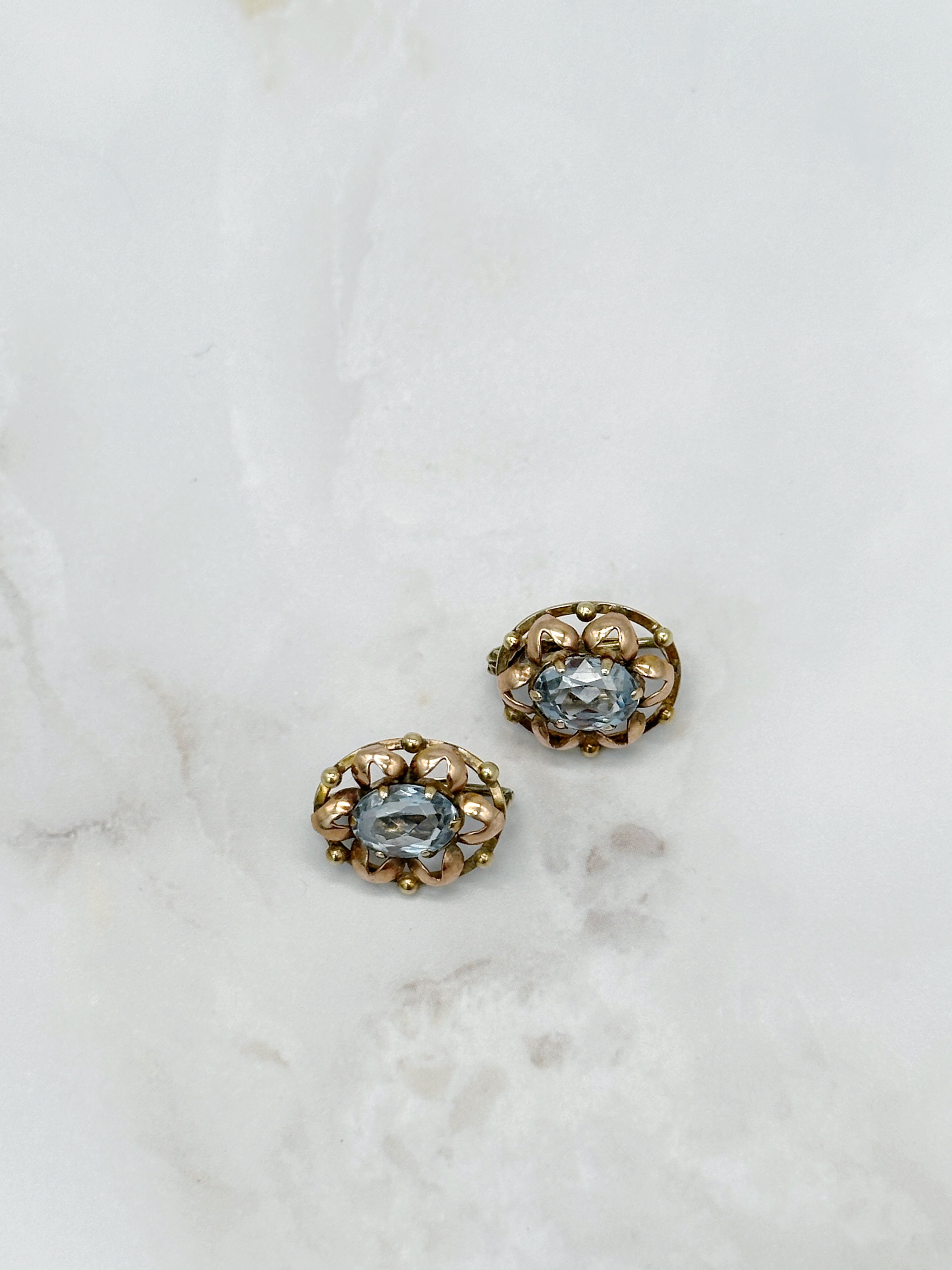 Vintage earrings bicolor gold blue synthetic spinel 50s