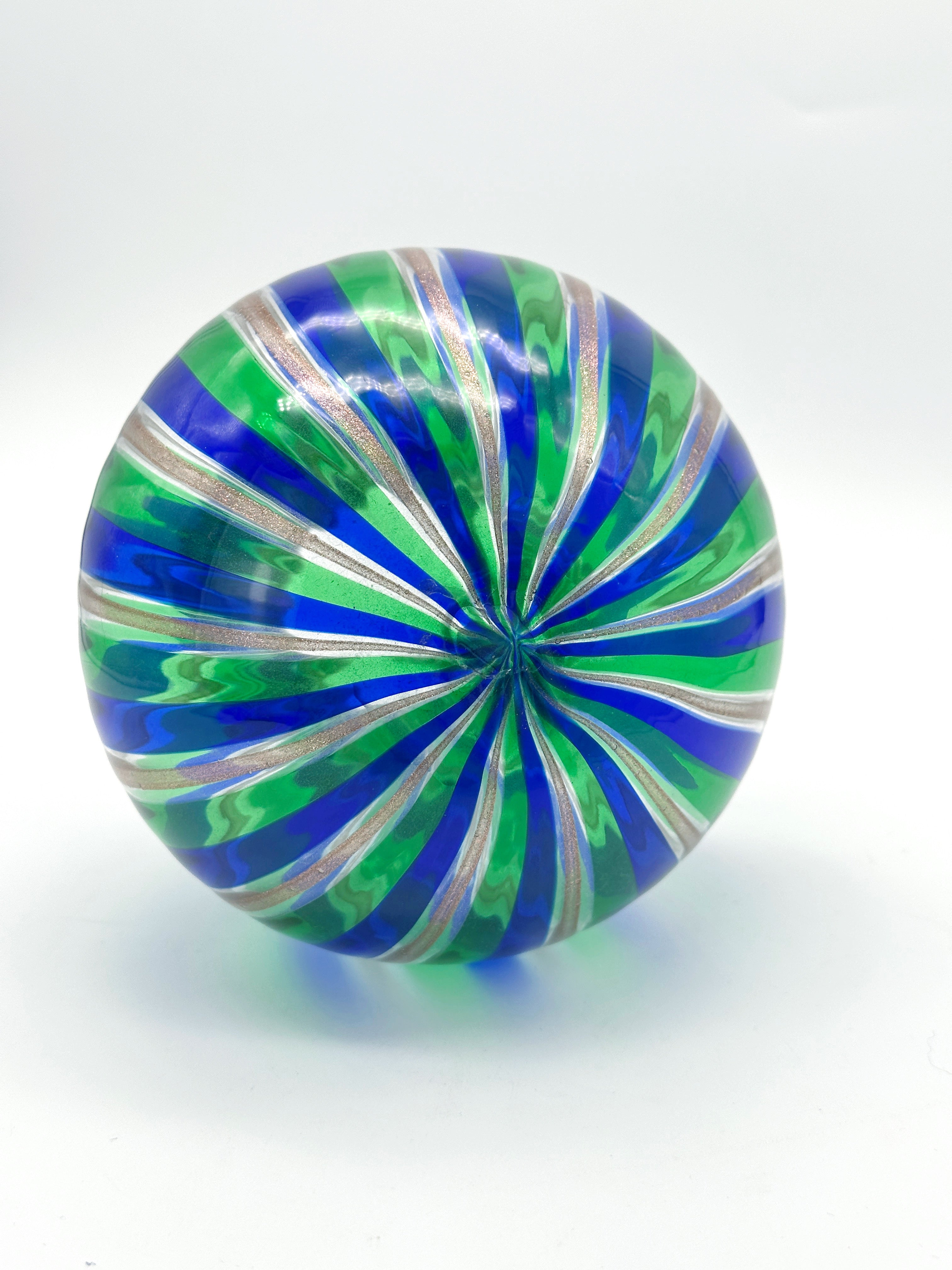 Murano glass vase, blue/green striped with gold flow