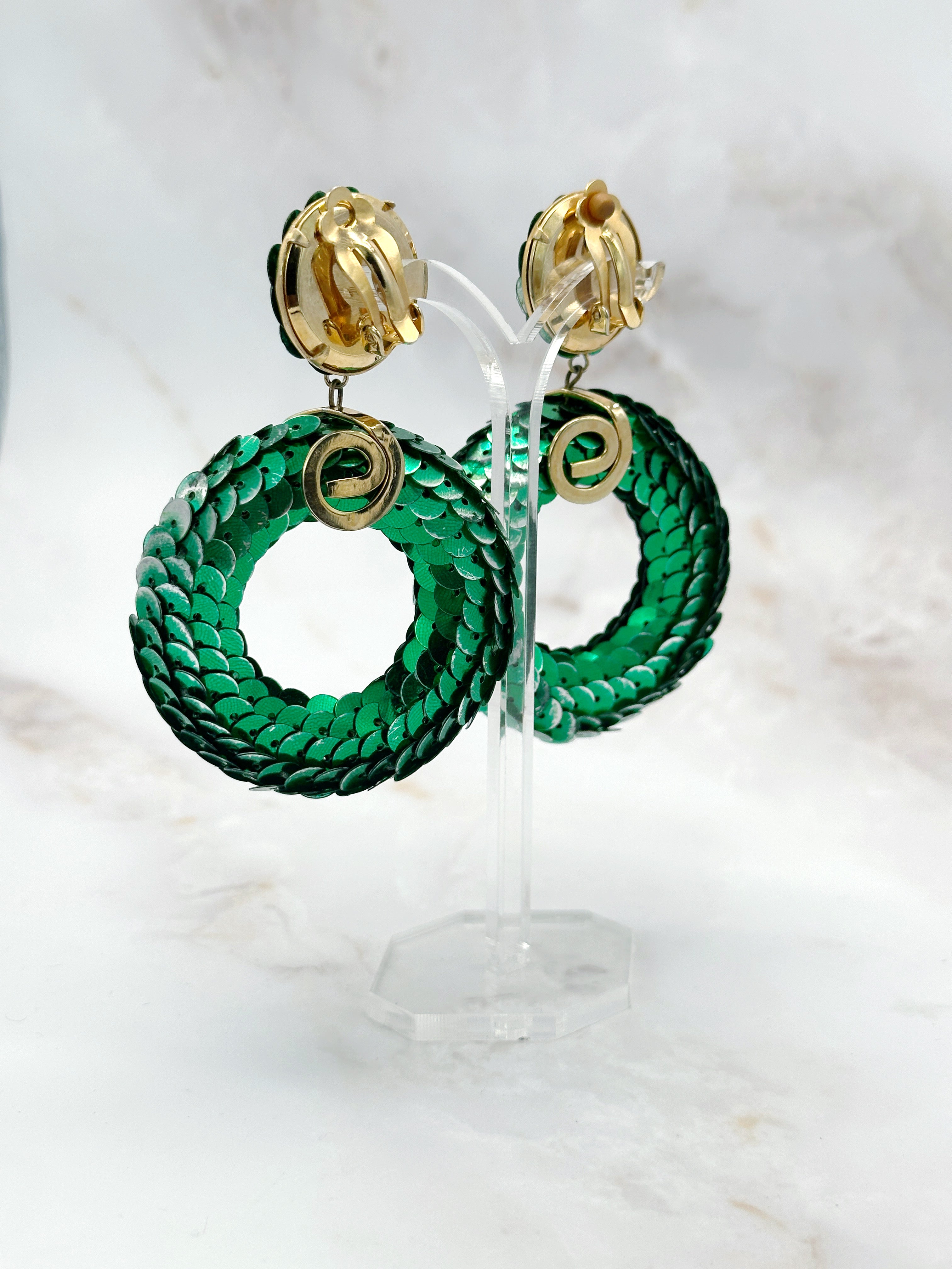 Vintage Statement Ohrclips Grüne Pailletten