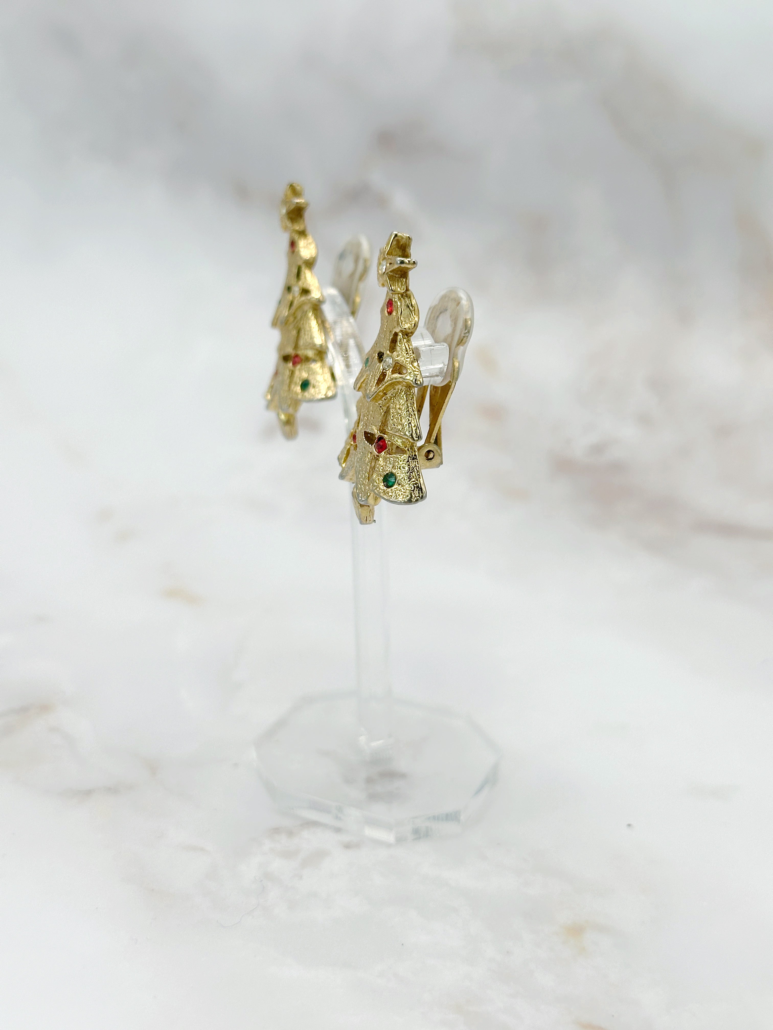 Festliche Vintage Weihnachtsbaum Ohrclips, vergoldet