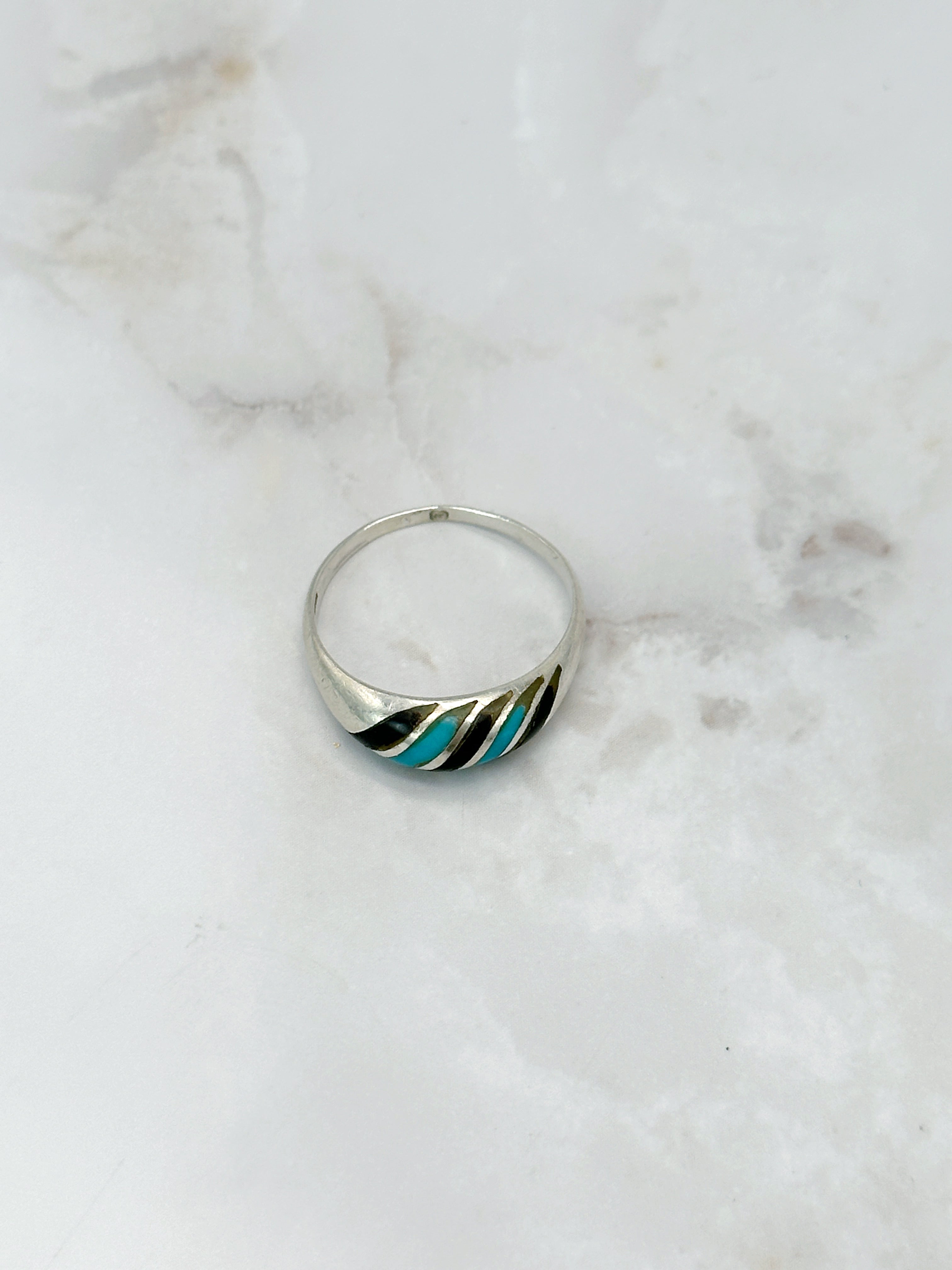 Vintage Silberring 925 mit Streifen-Design in Türkis & Schwarz