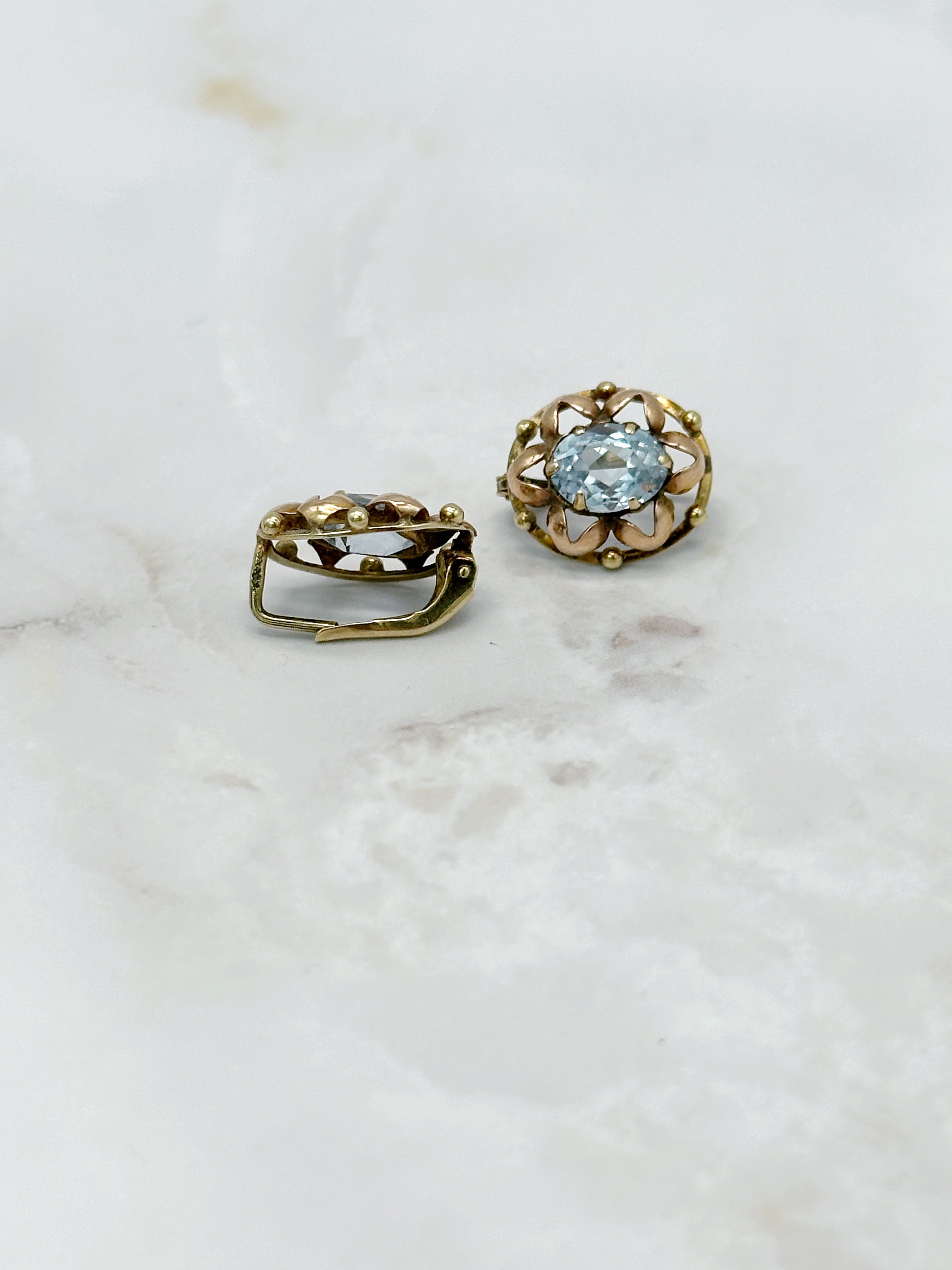 Vintage earrings bicolor gold blue synthetic spinel 50s