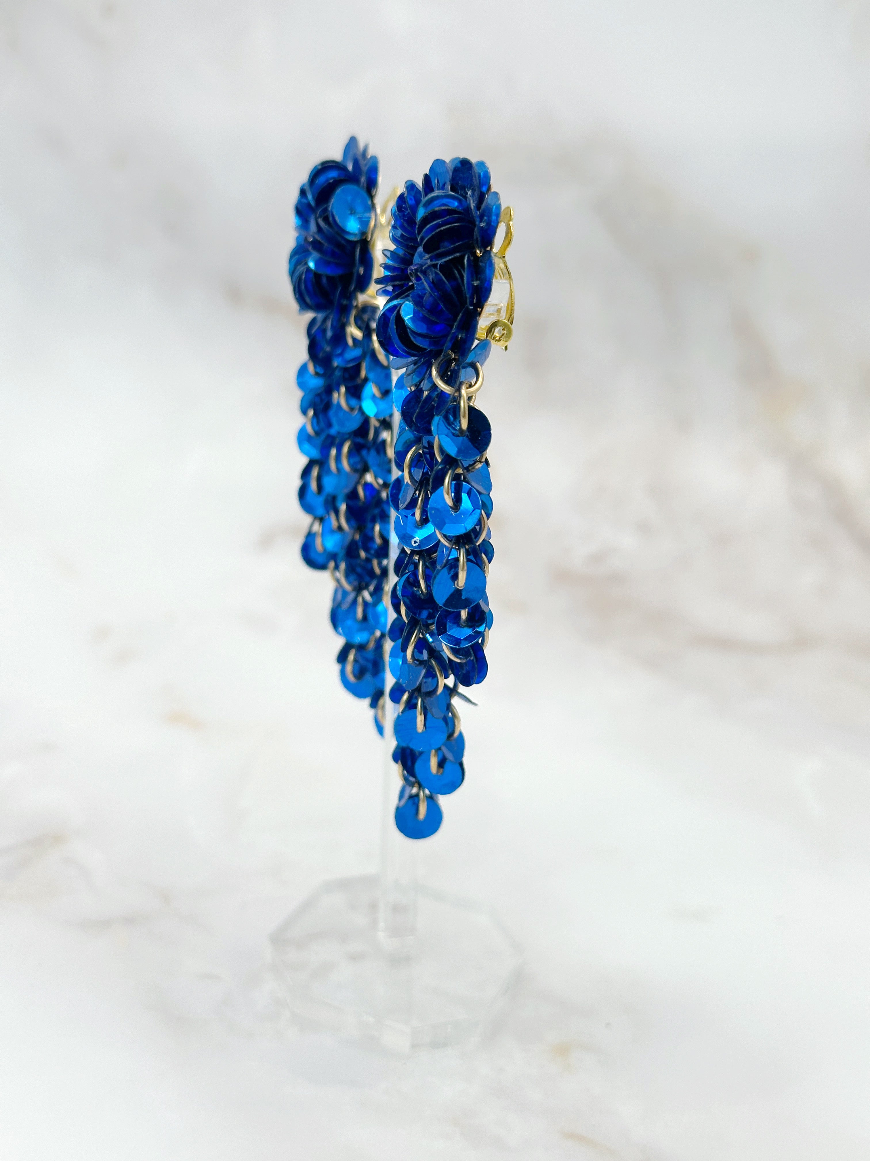 Vintage Wasserfall Ohrclips mit Pailletten in Blitzblau, 60er/70er Jahre