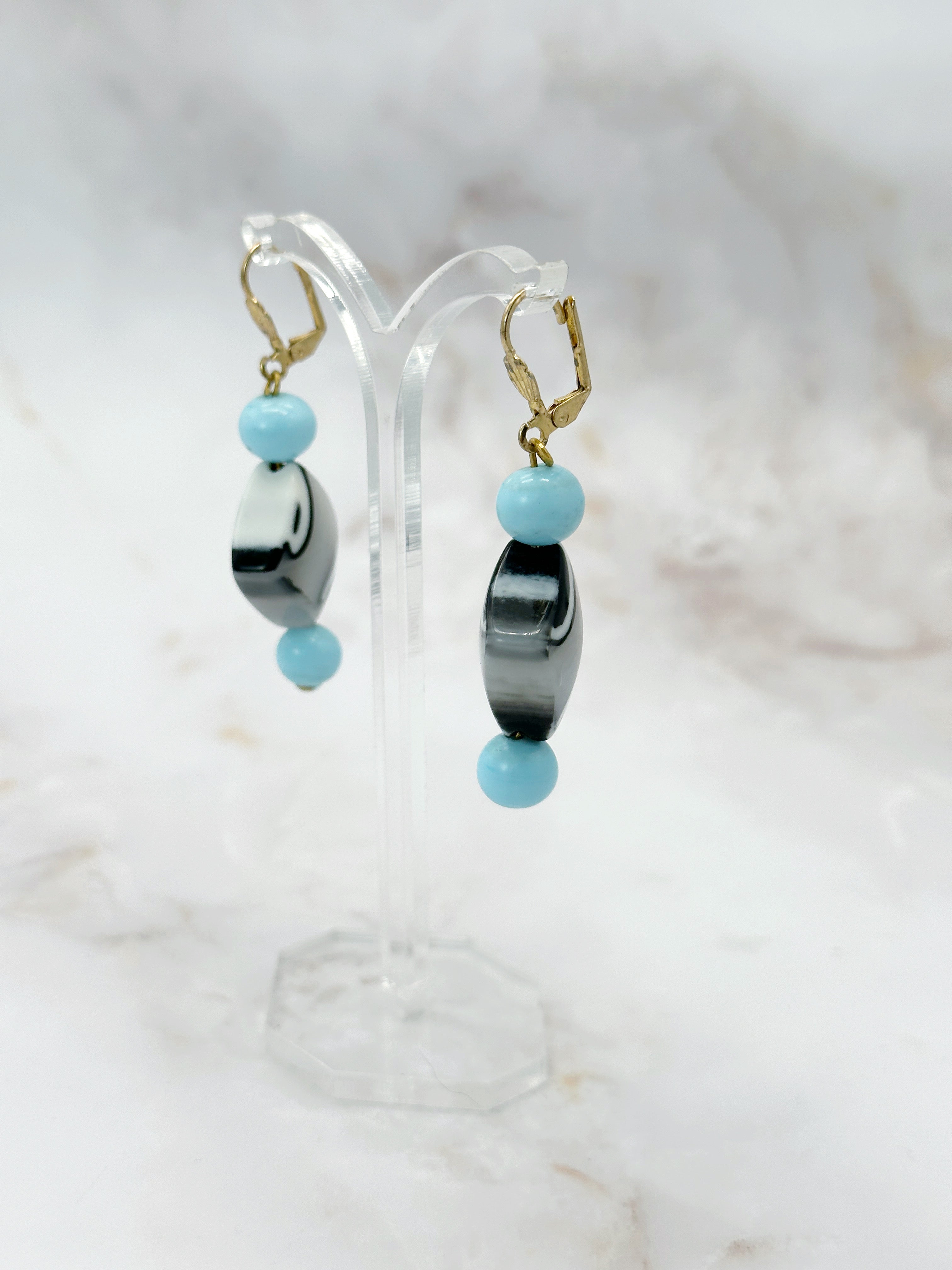 Vintage Ohrhänger Türkis mit Schwarz-Weiß Akzenten