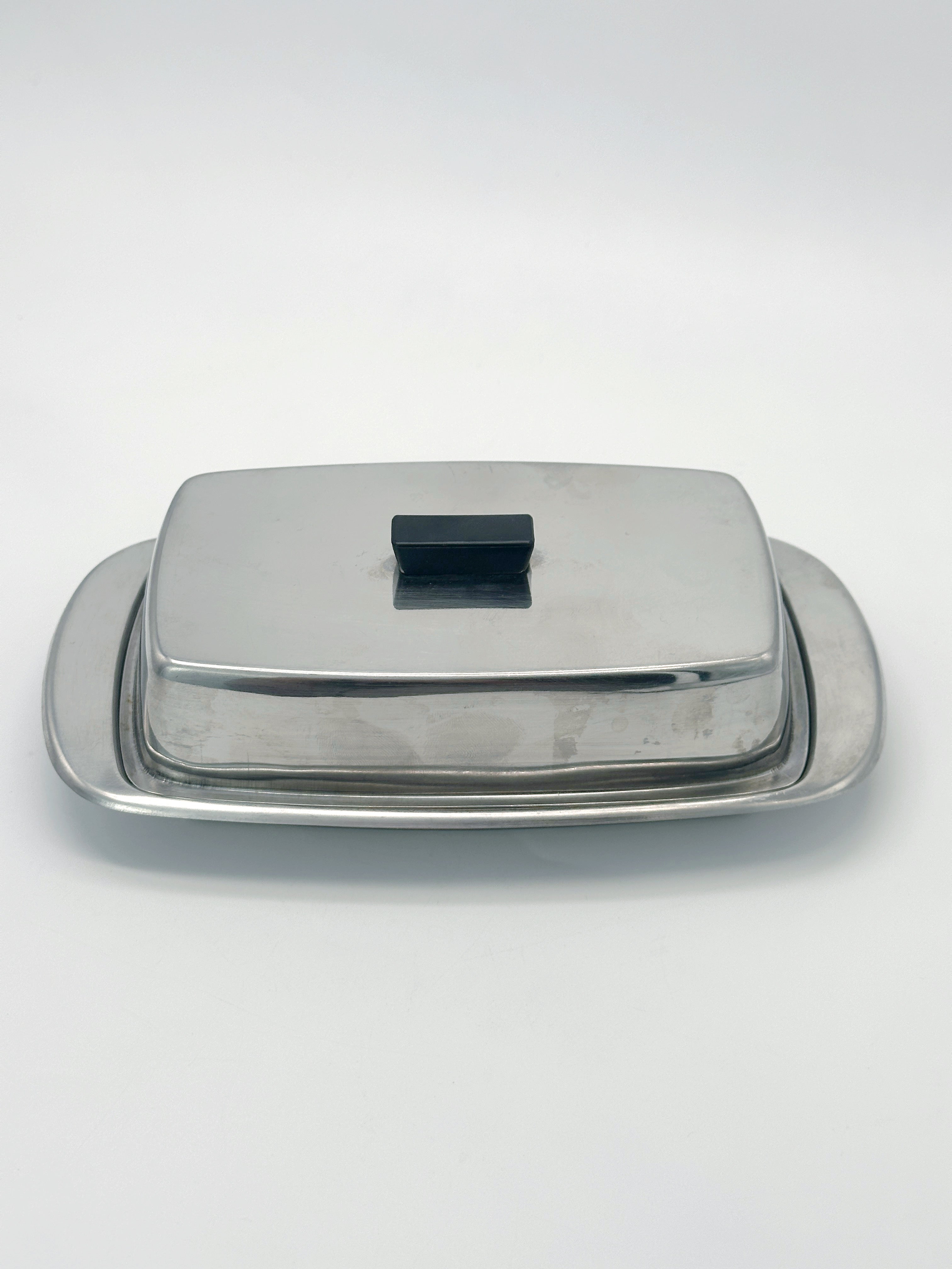 Vintage stainless steel butter dish from the 1960s