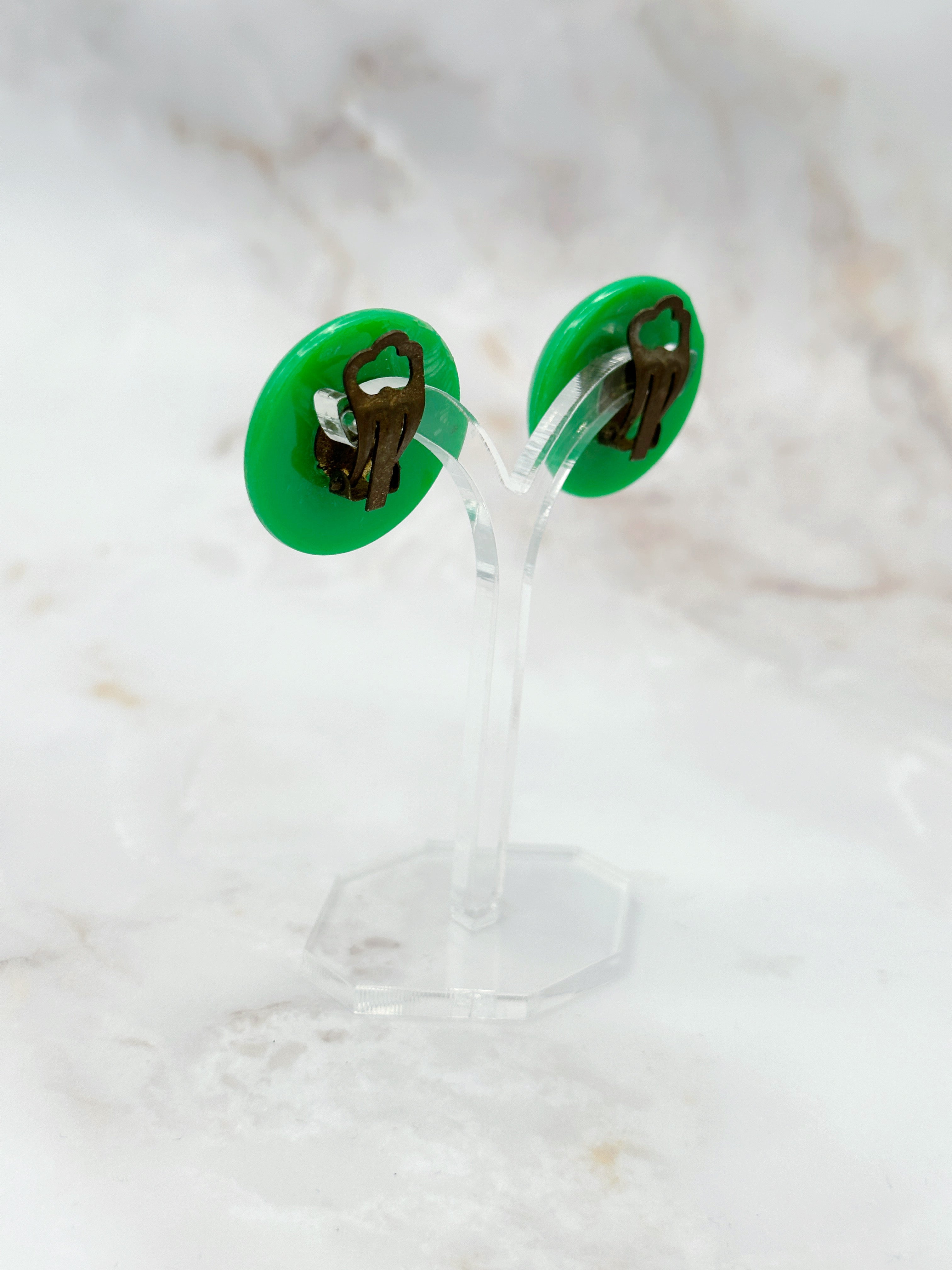 Vintage green resin ear clips, 1950s