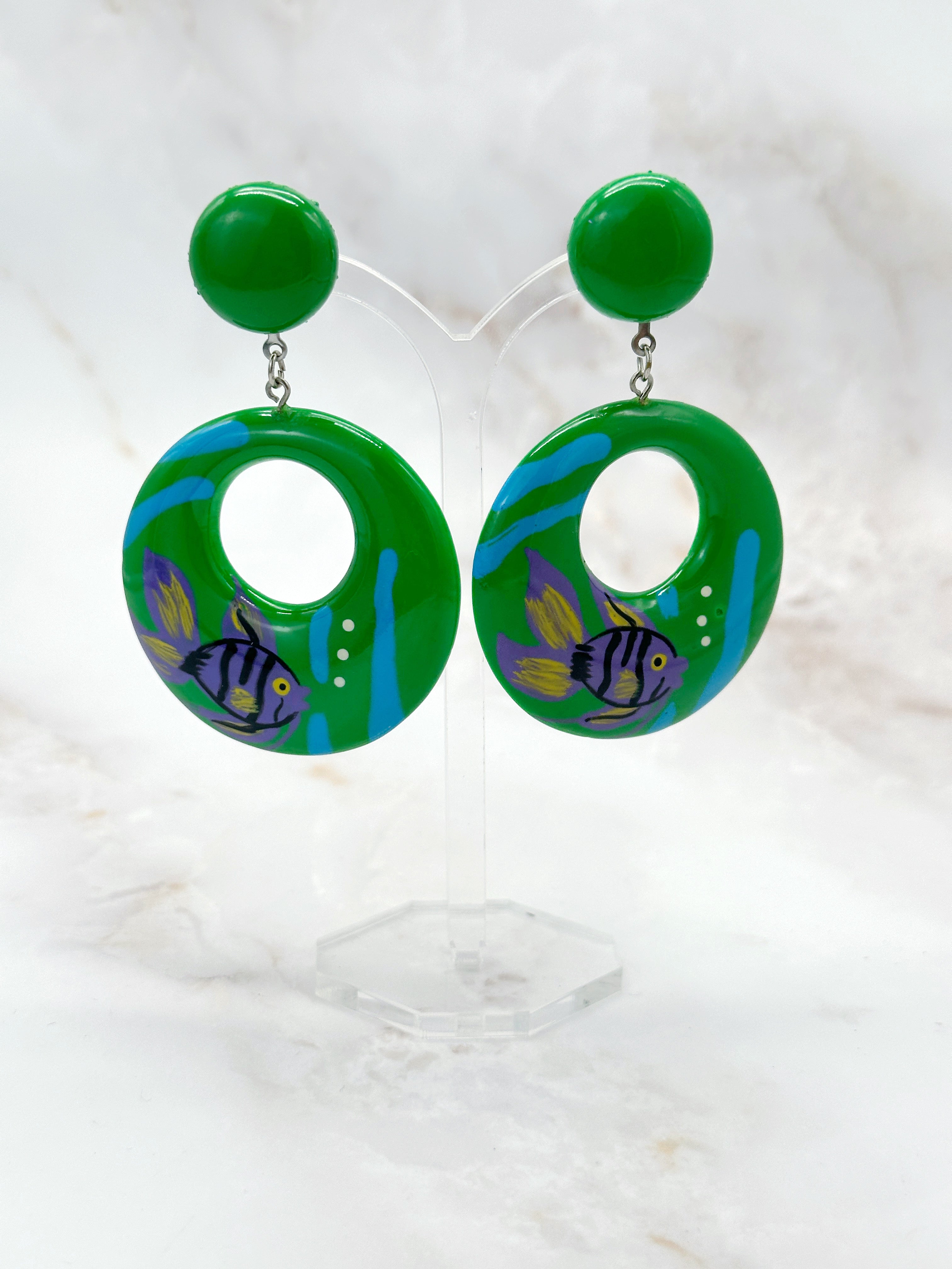 Long Vintage Earrings Painted Fish