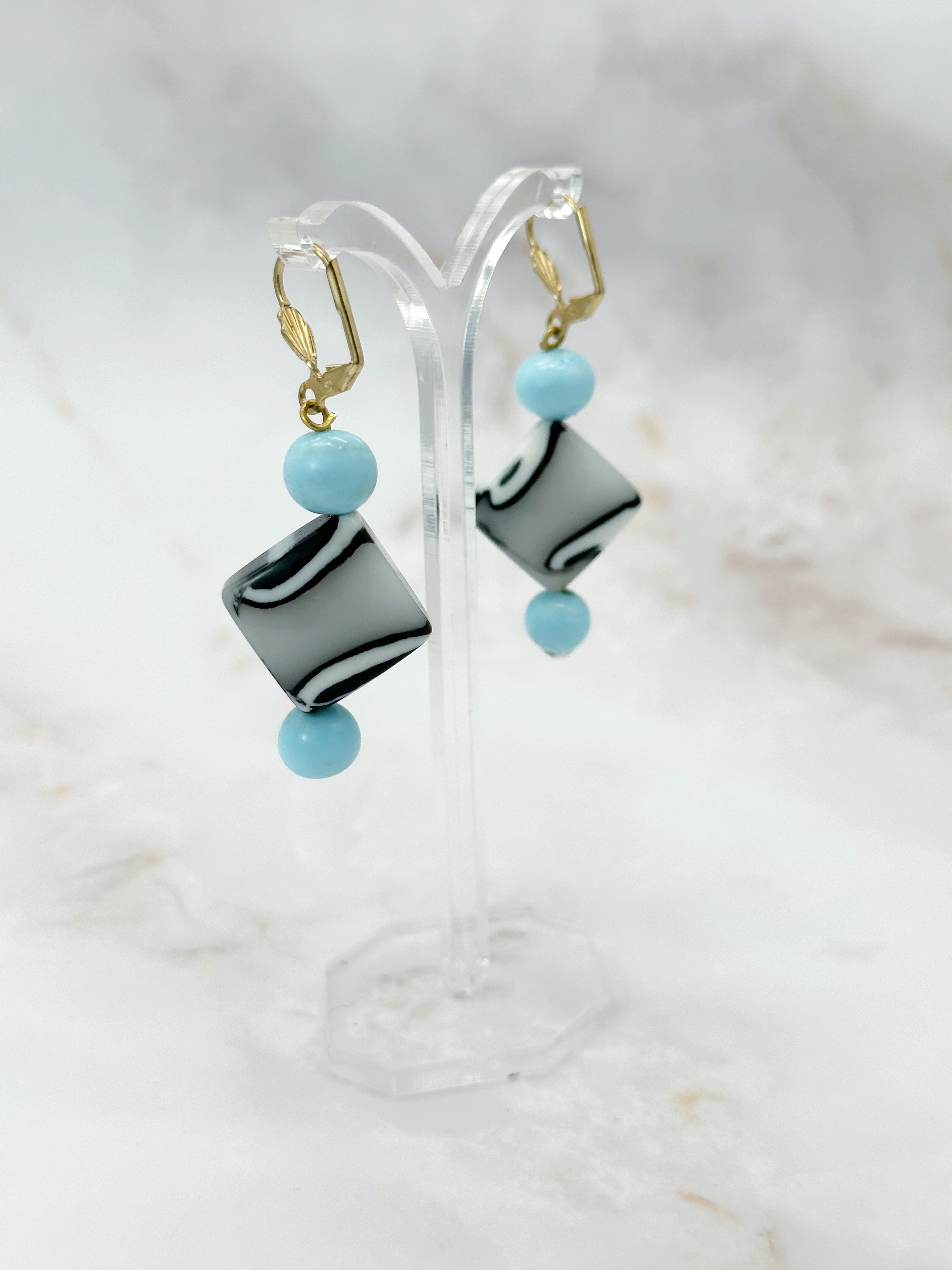 Vintage Ohrhänger Türkis mit Schwarz-Weiß Akzenten