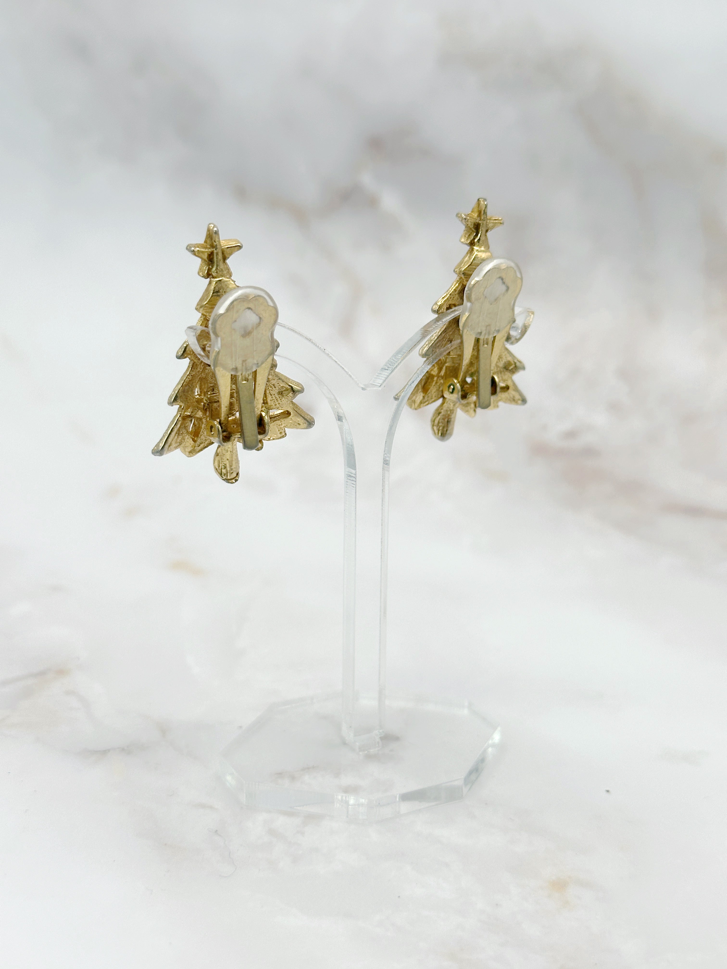 Festliche Vintage Weihnachtsbaum Ohrclips, vergoldet