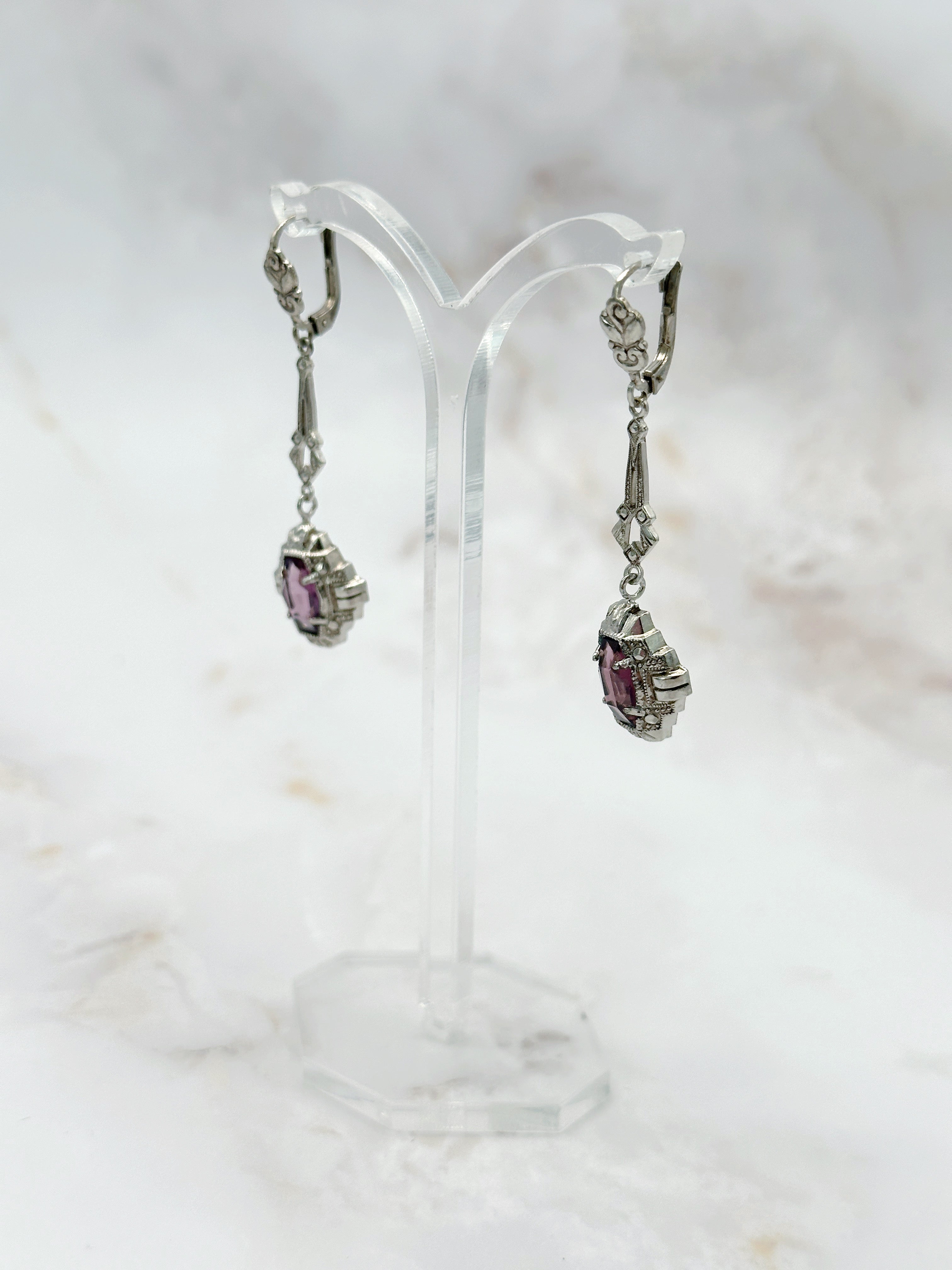Long Art Deco earrings marcasite & purple glass stone