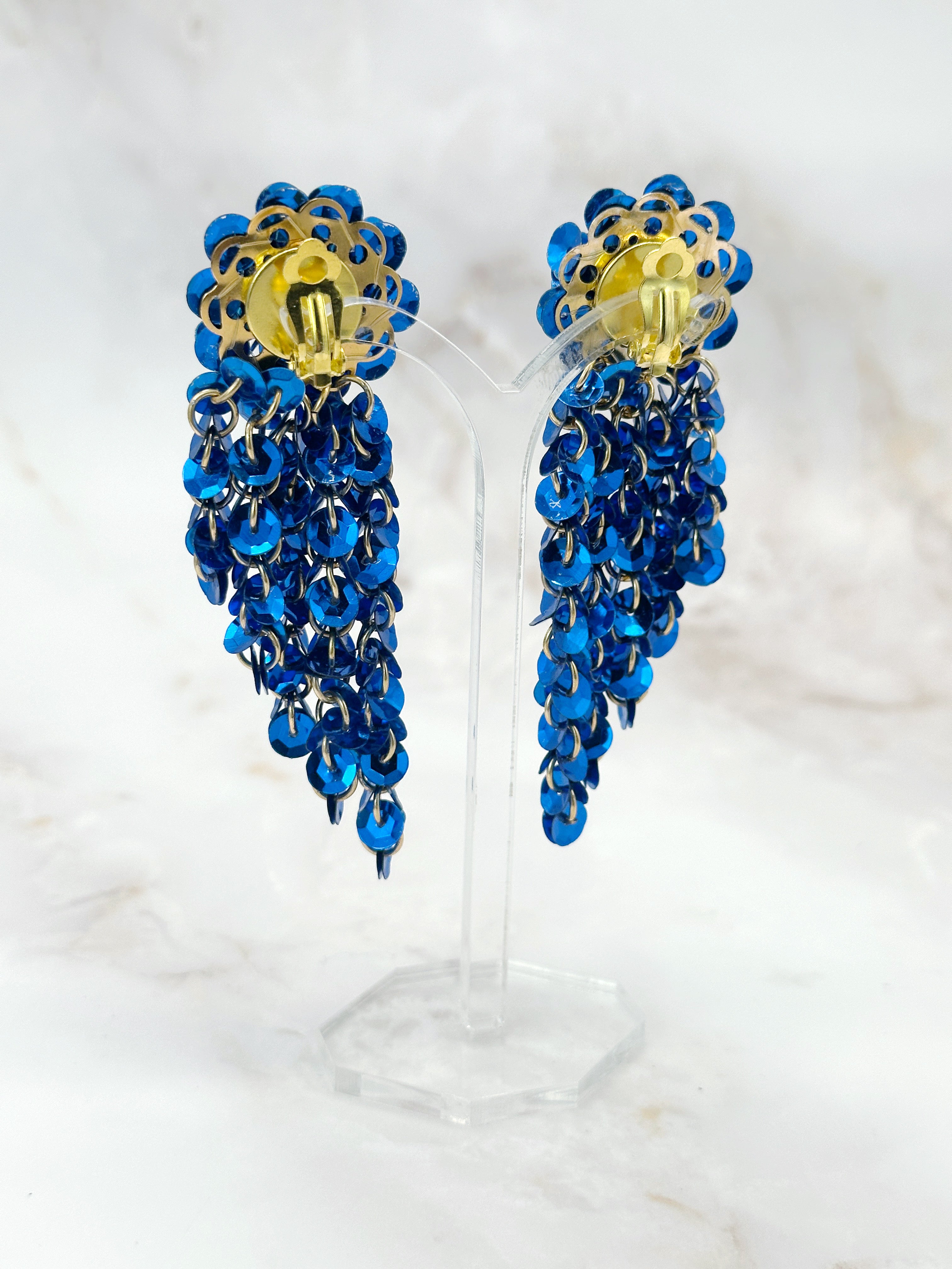 Vintage Wasserfall Ohrclips mit Pailletten in Blitzblau, 60er/70er Jahre