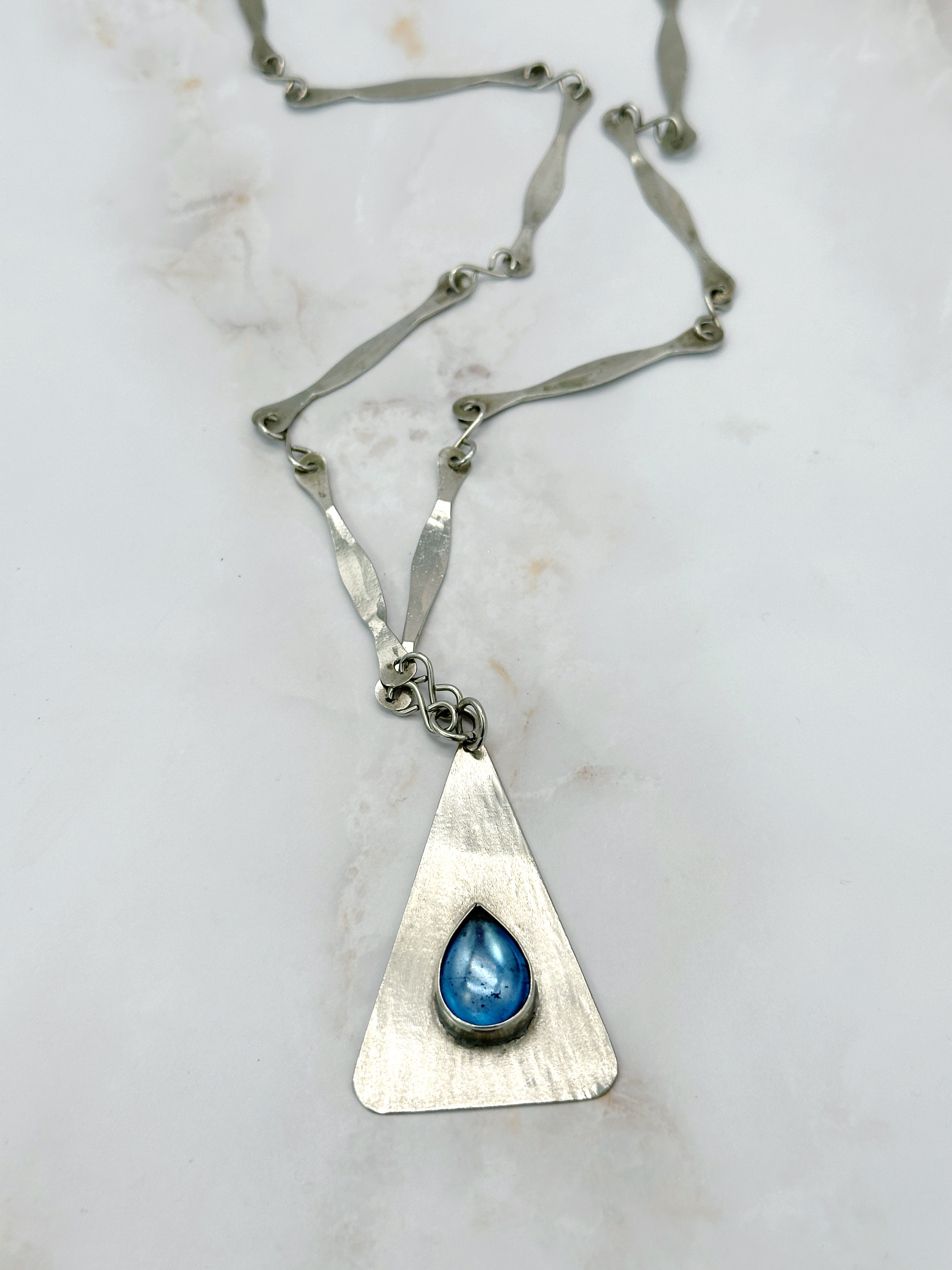 Long vintage necklace chrome triangle pendant blue drop
