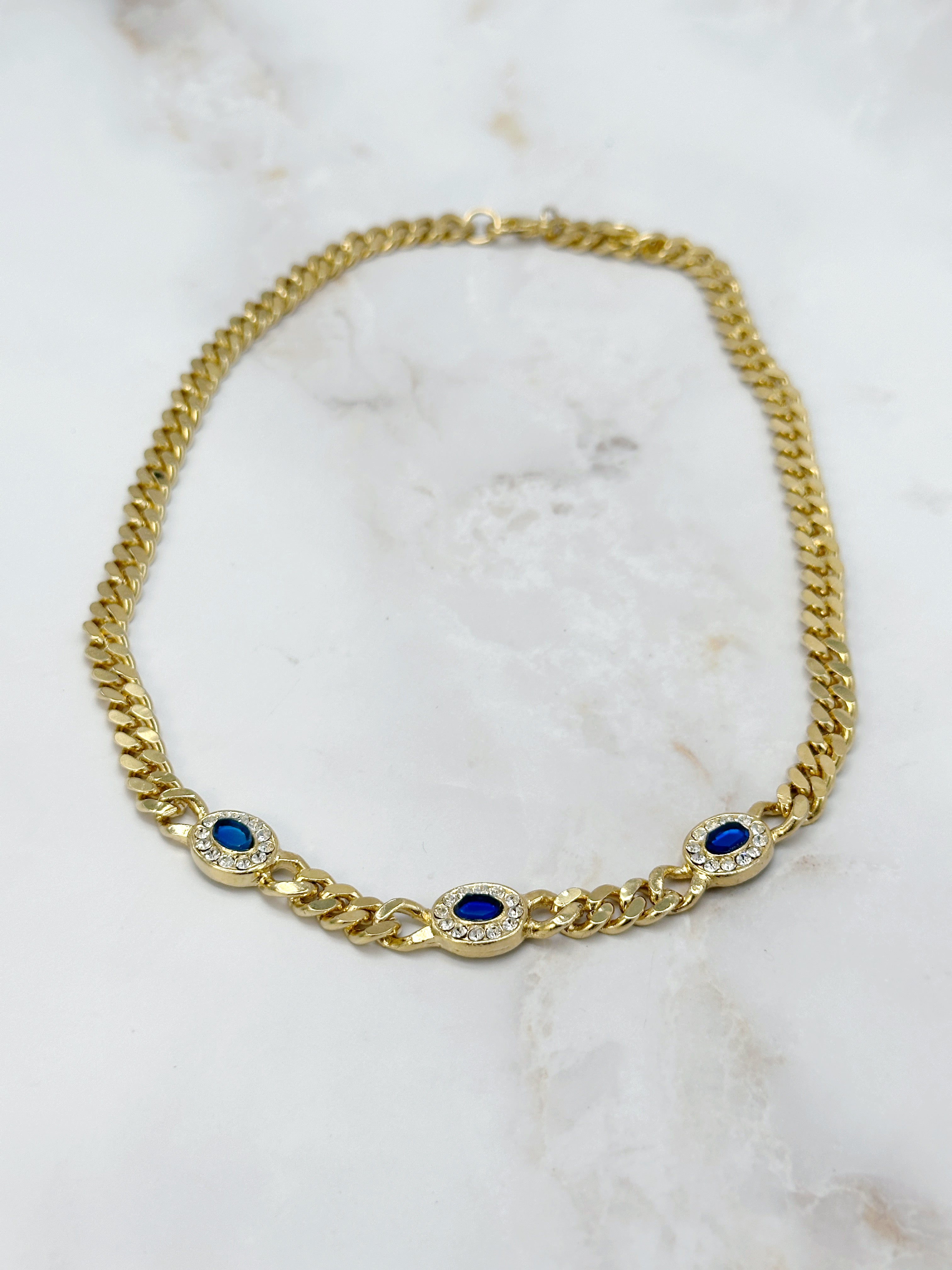 Vintage Panzerkette Vergoldet mit Blauen Steinen