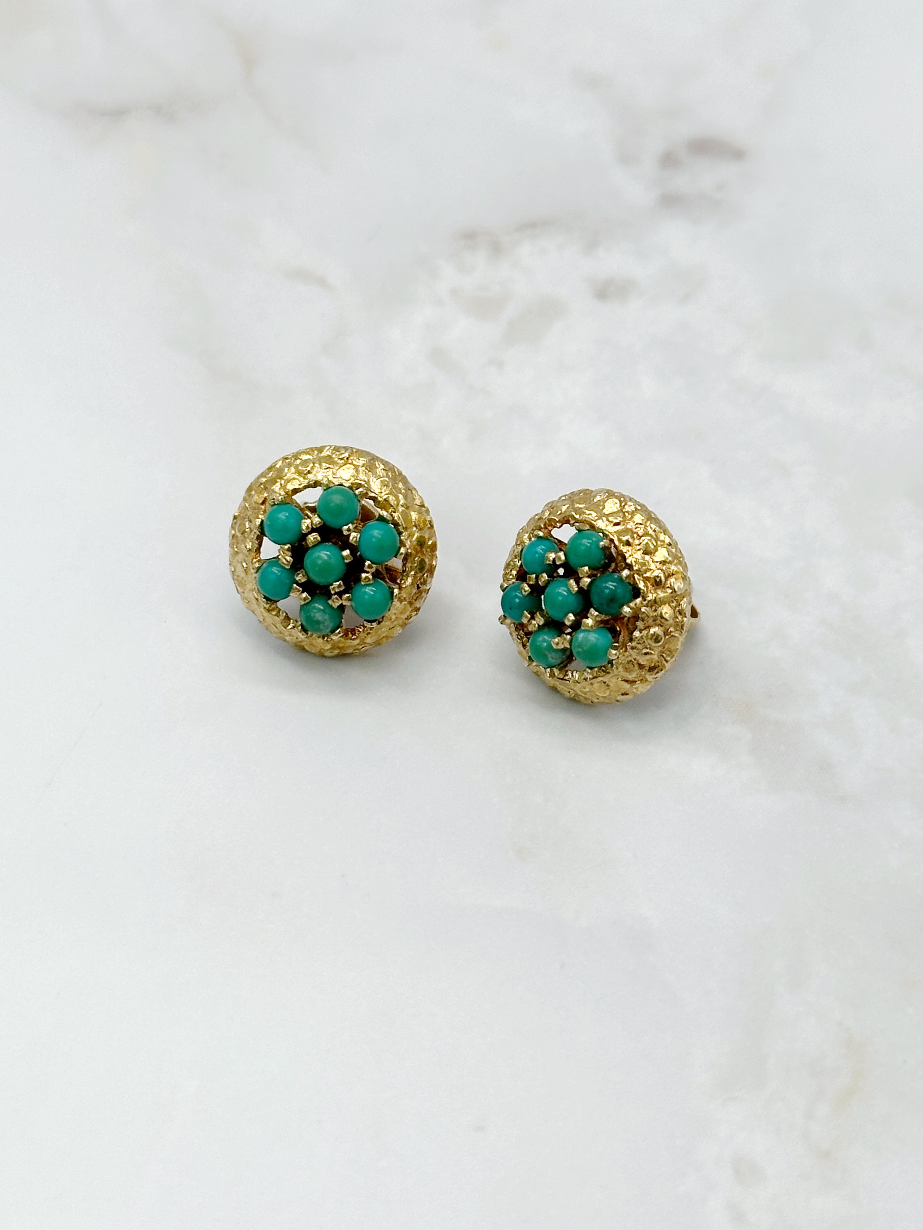 Elegant gold turquoise stud earrings with textured surface