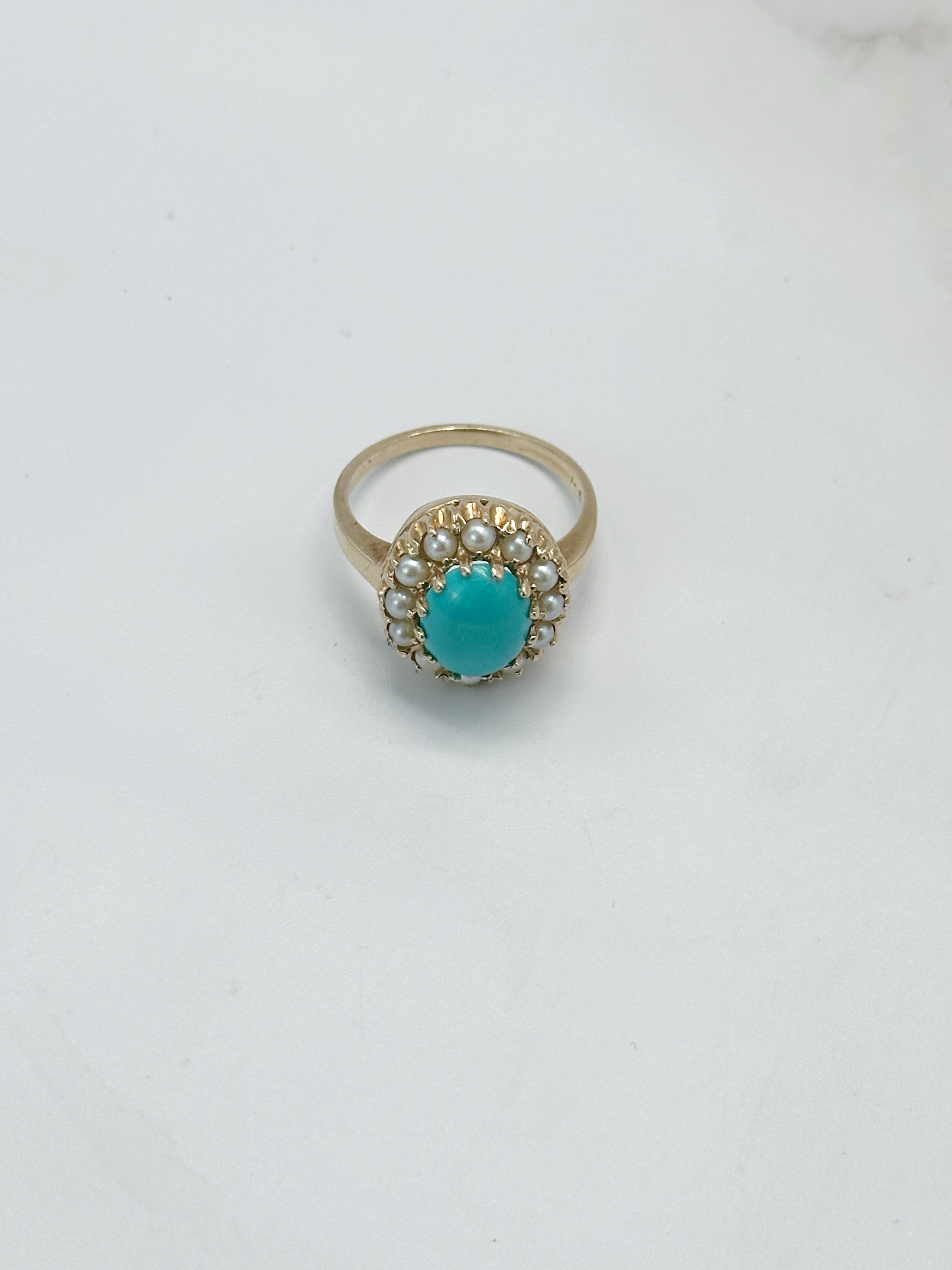 Vintage Ring in 585 Gelbgold mit Türkis und Zuchtperlen
