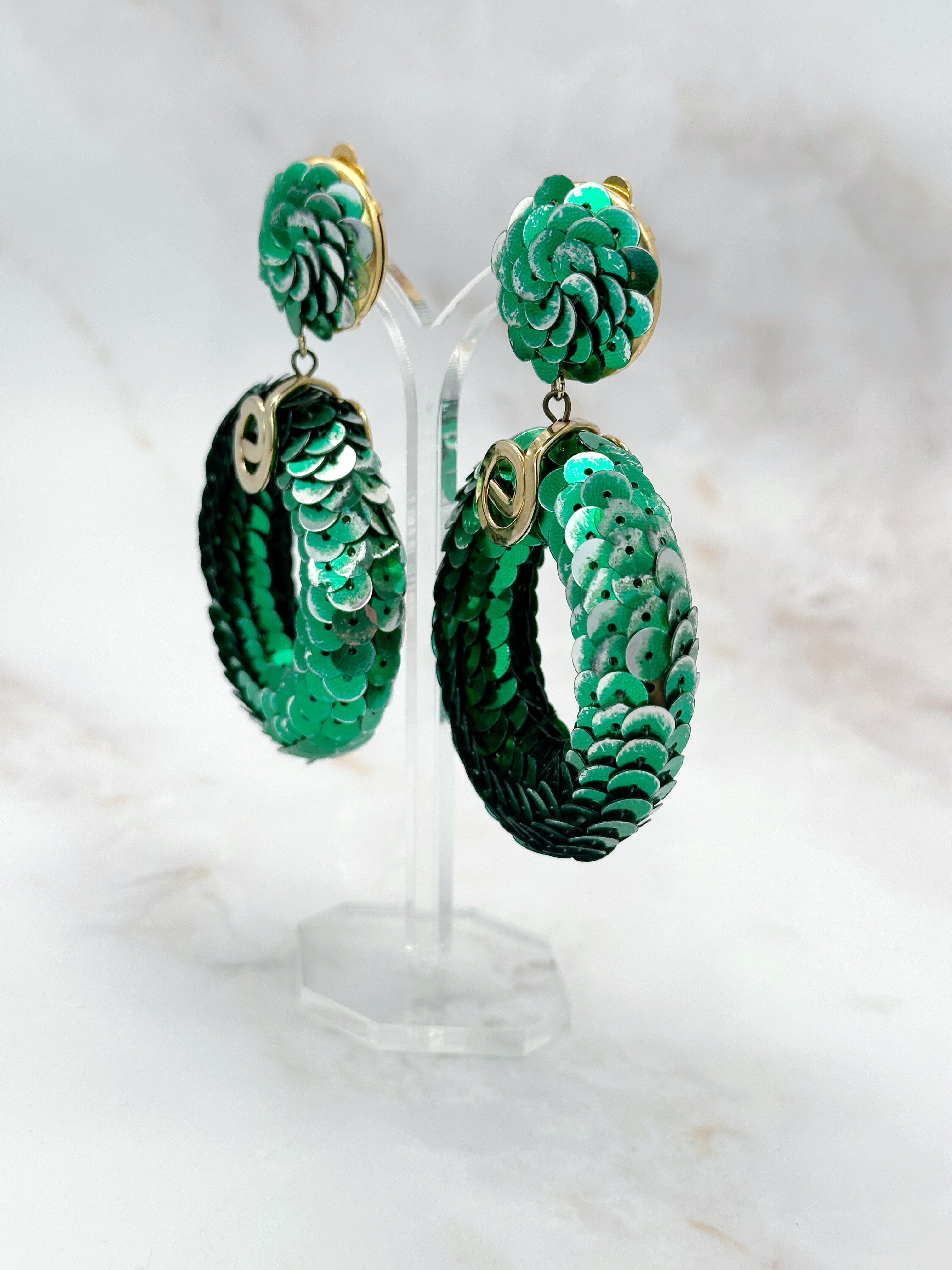 Vintage Statement Ohrclips Grüne Pailletten