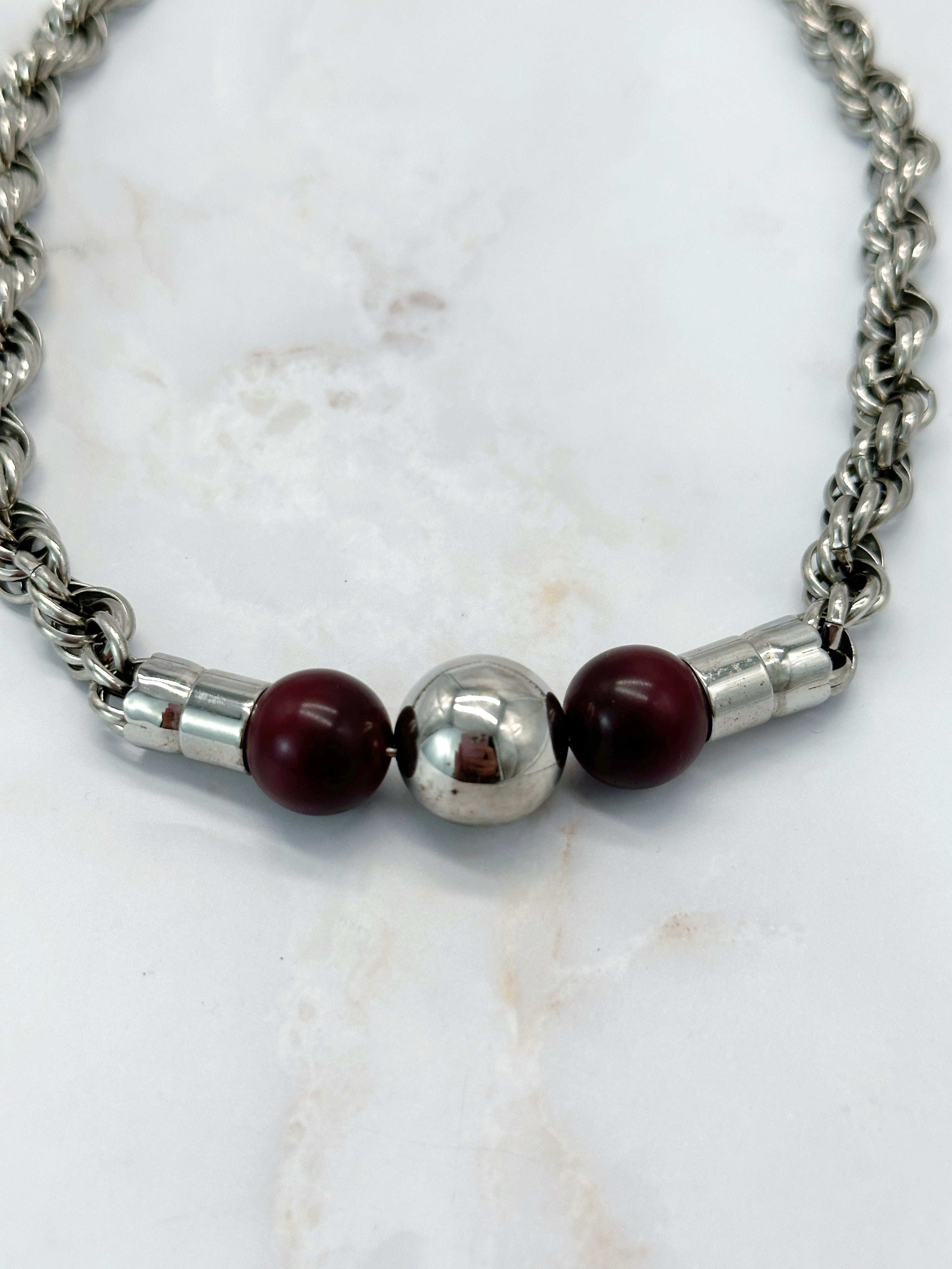 Retro Necklace Chrome Dark Red Bakelite Balls
