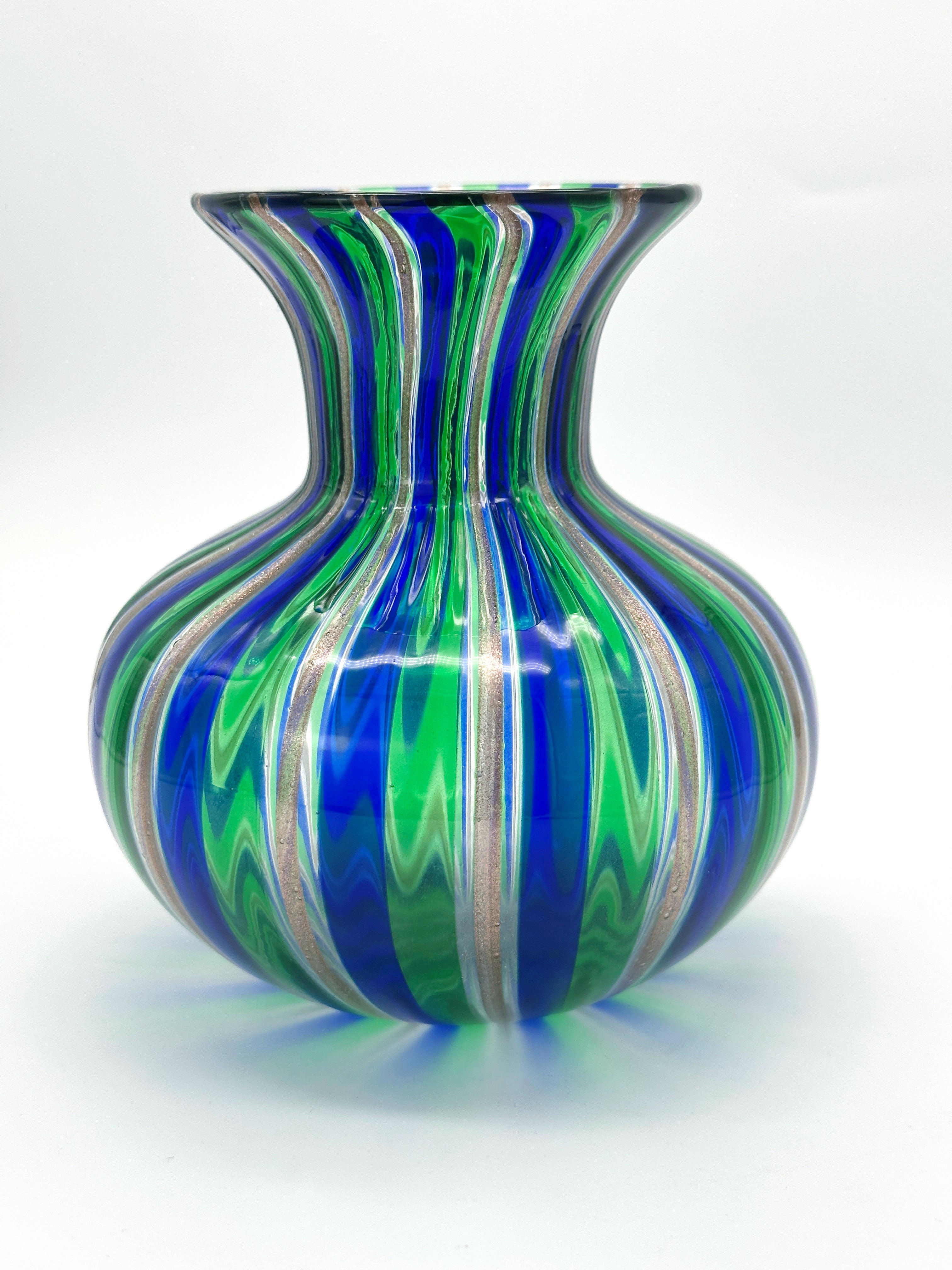 Murano glass vase, blue/green striped with gold flow