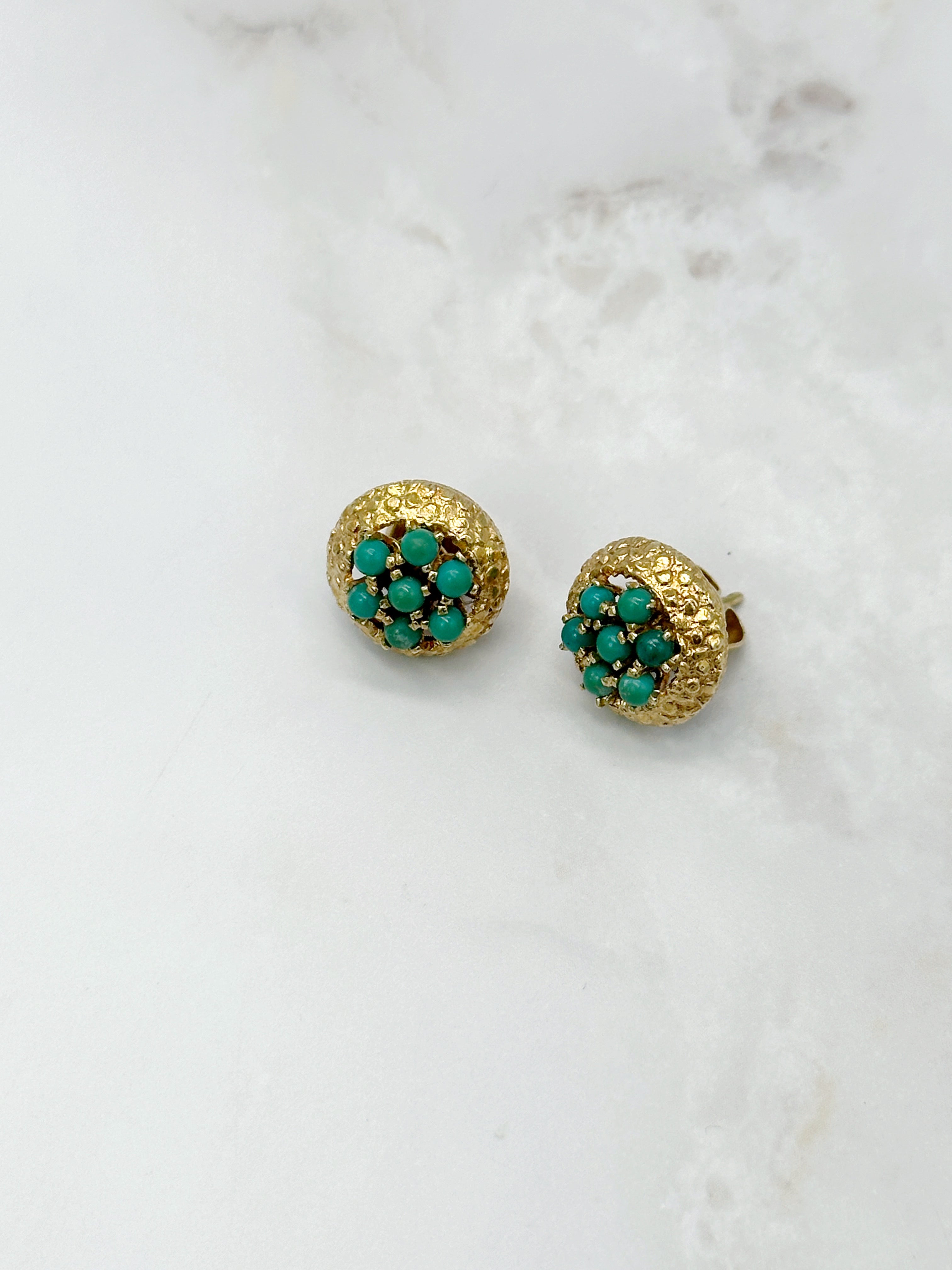 Elegant gold turquoise stud earrings with textured surface
