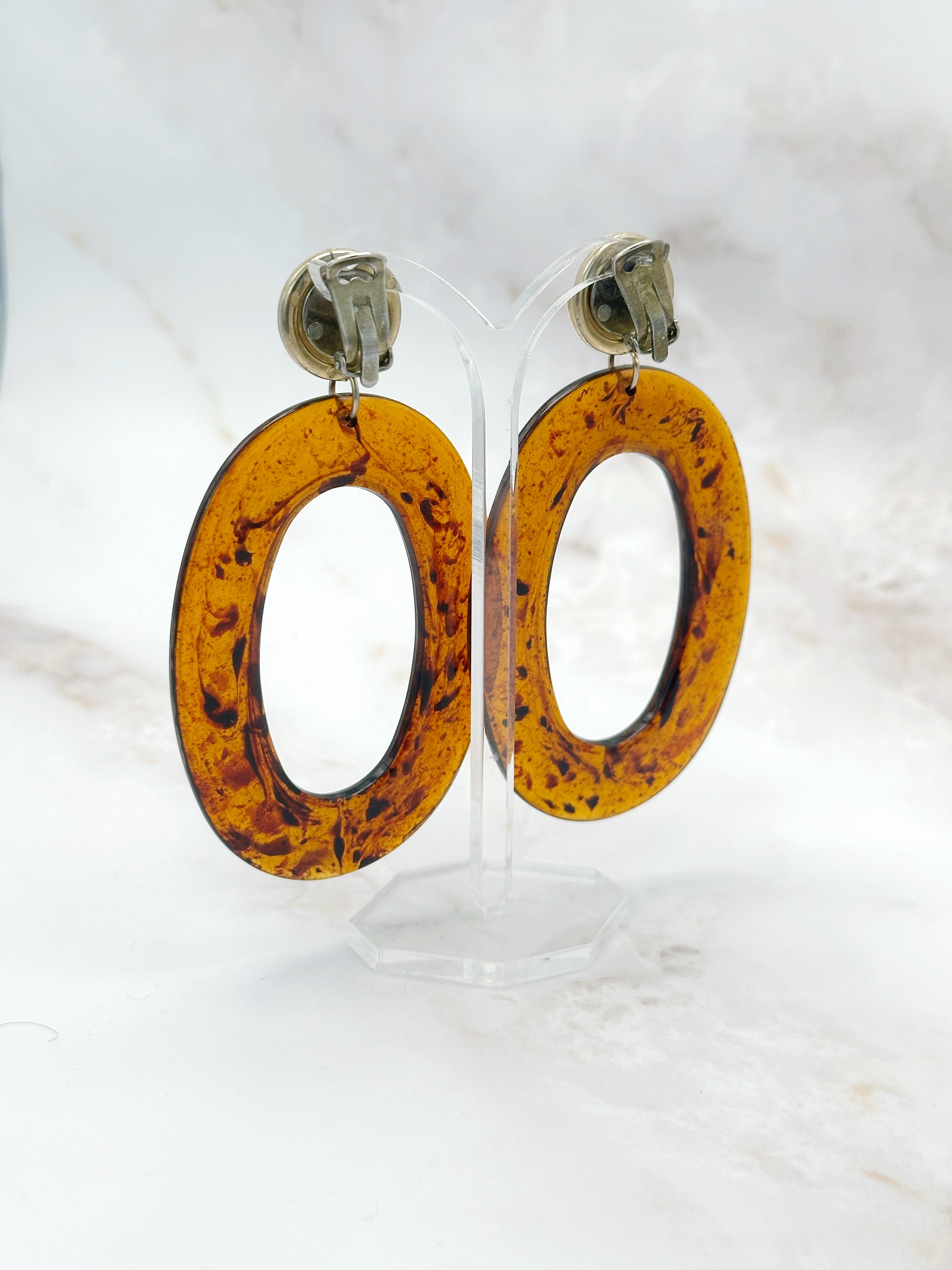 Long Vintage Earrings Brown Lucite Gold Plated
