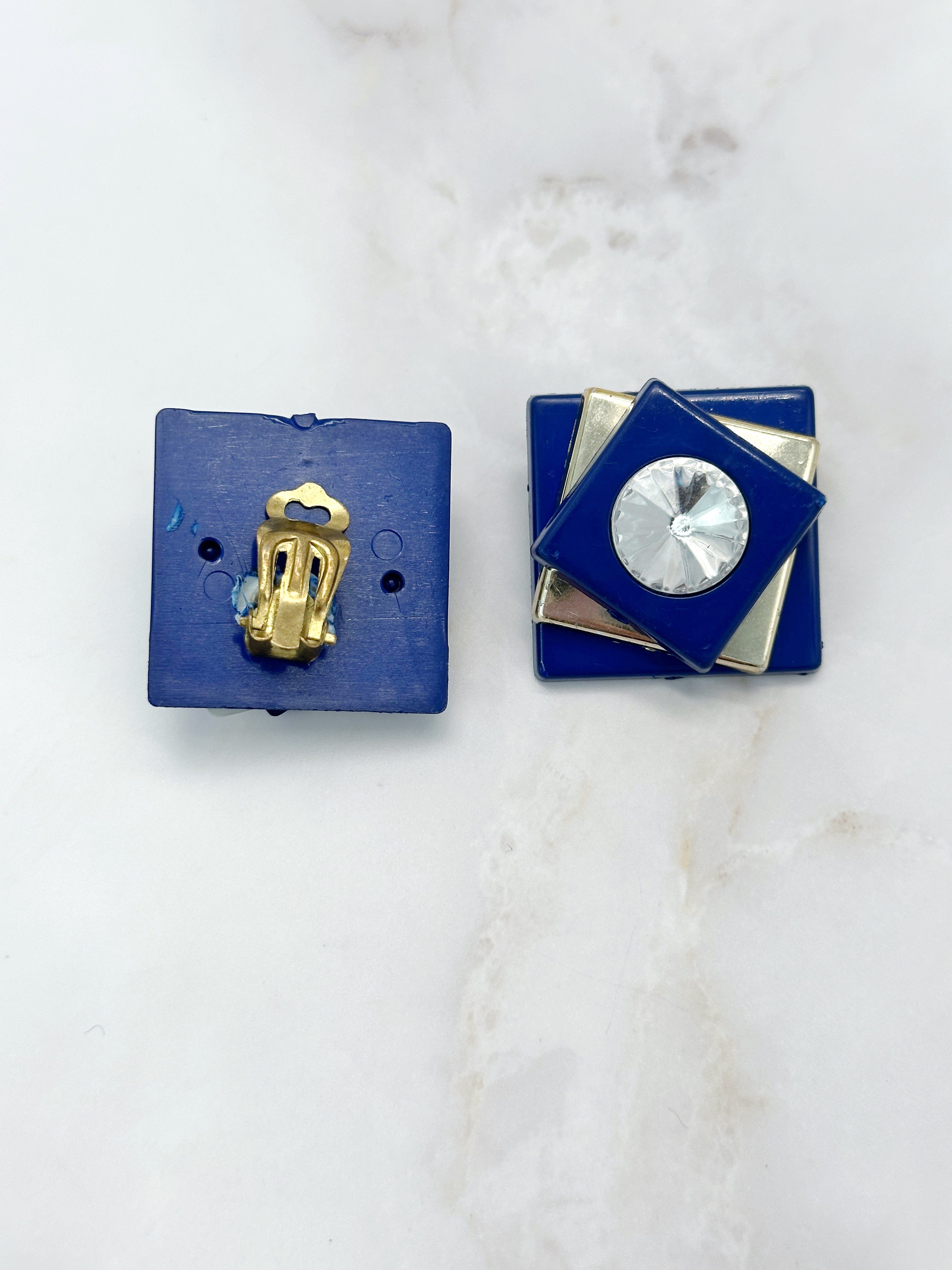 Vintage Statement Ohrclips Eckig Blau Gold Strass