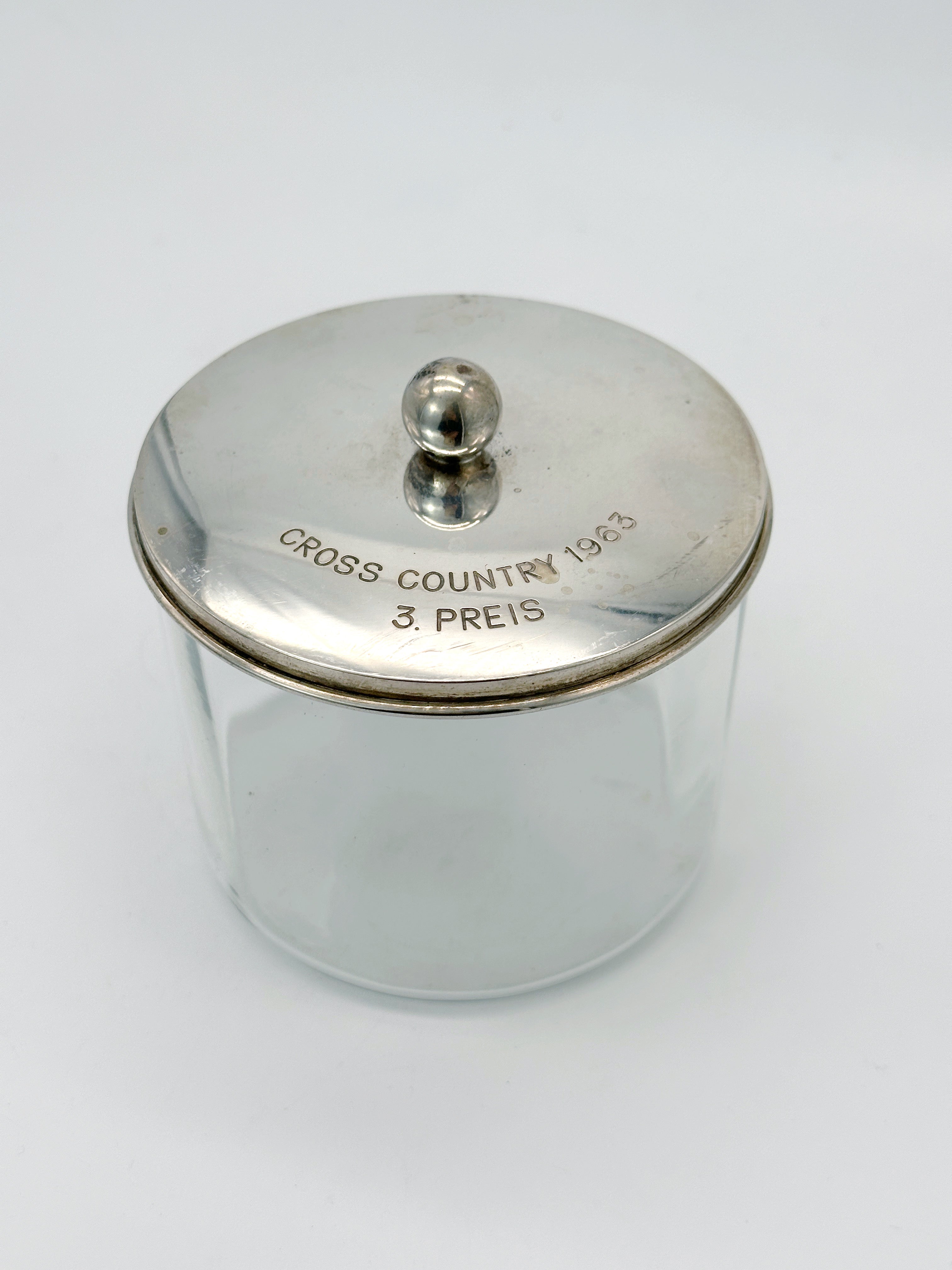 Vintage Glasdose mit Silberdeckel und Gravur, Österreich 1963