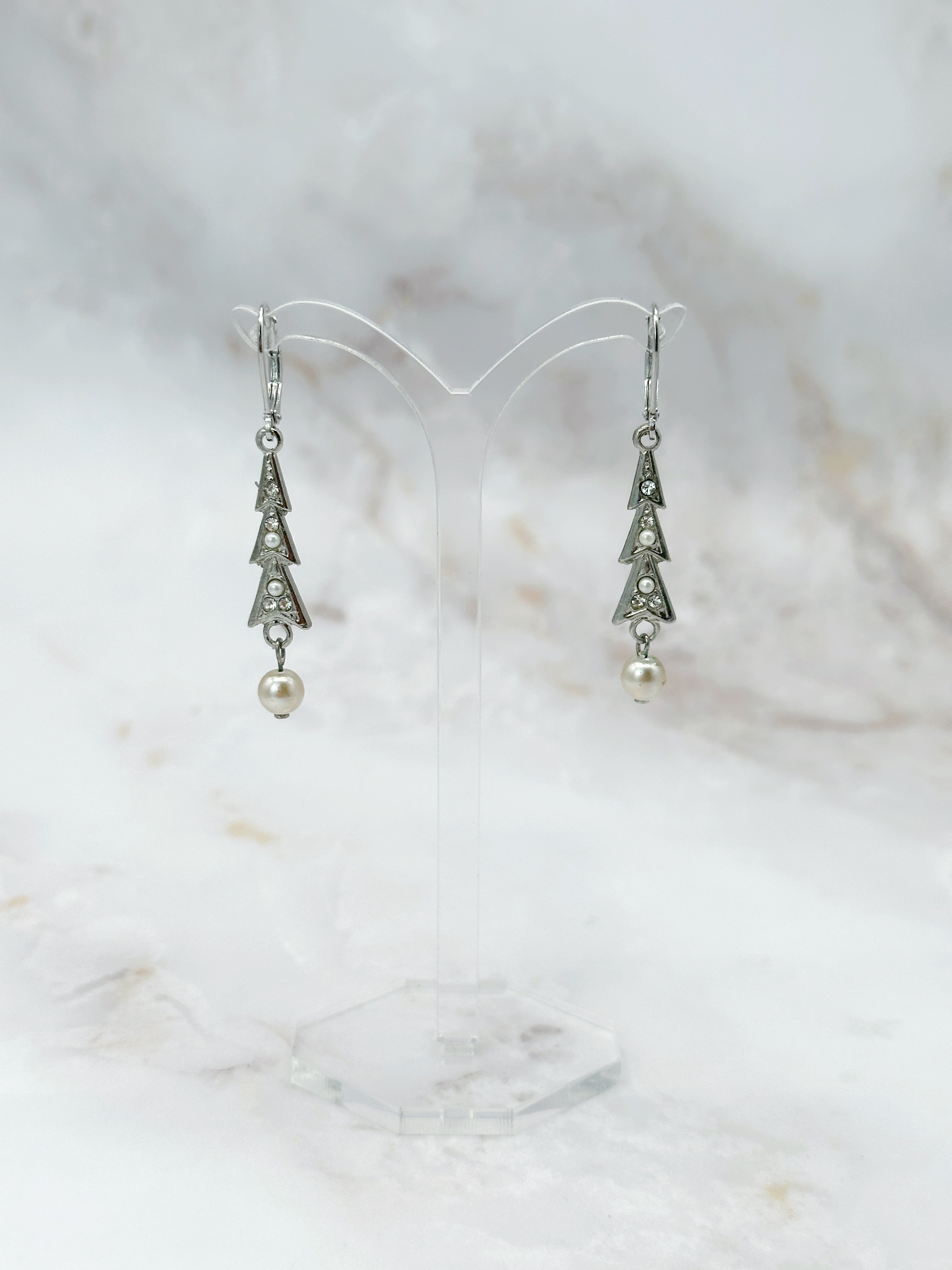Vintage Ohrgehänge mit Dreiecken, Strass und Imitationsperlen