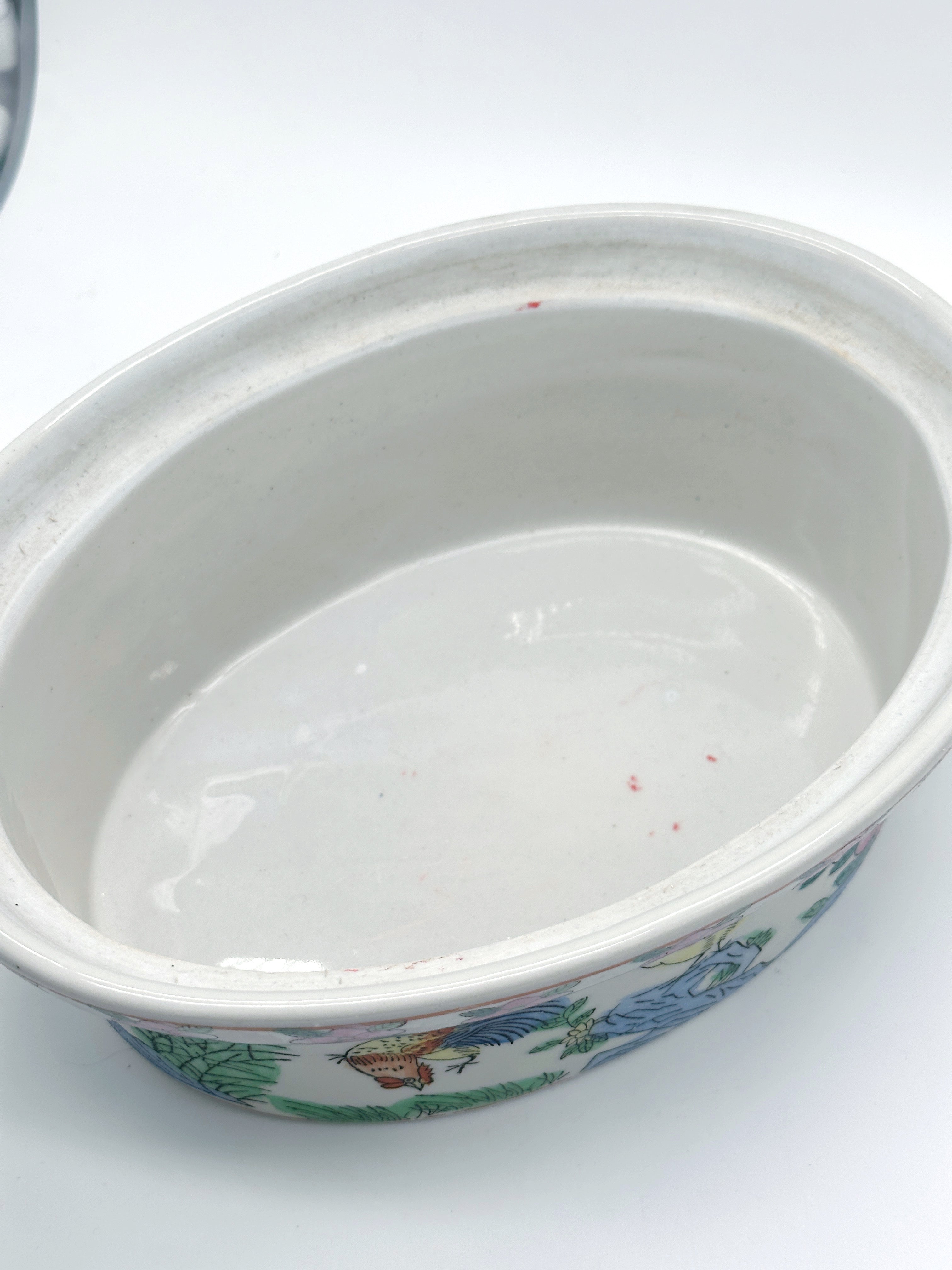 Vintage Steinzeug-Terrine mit großer Hahnfigur