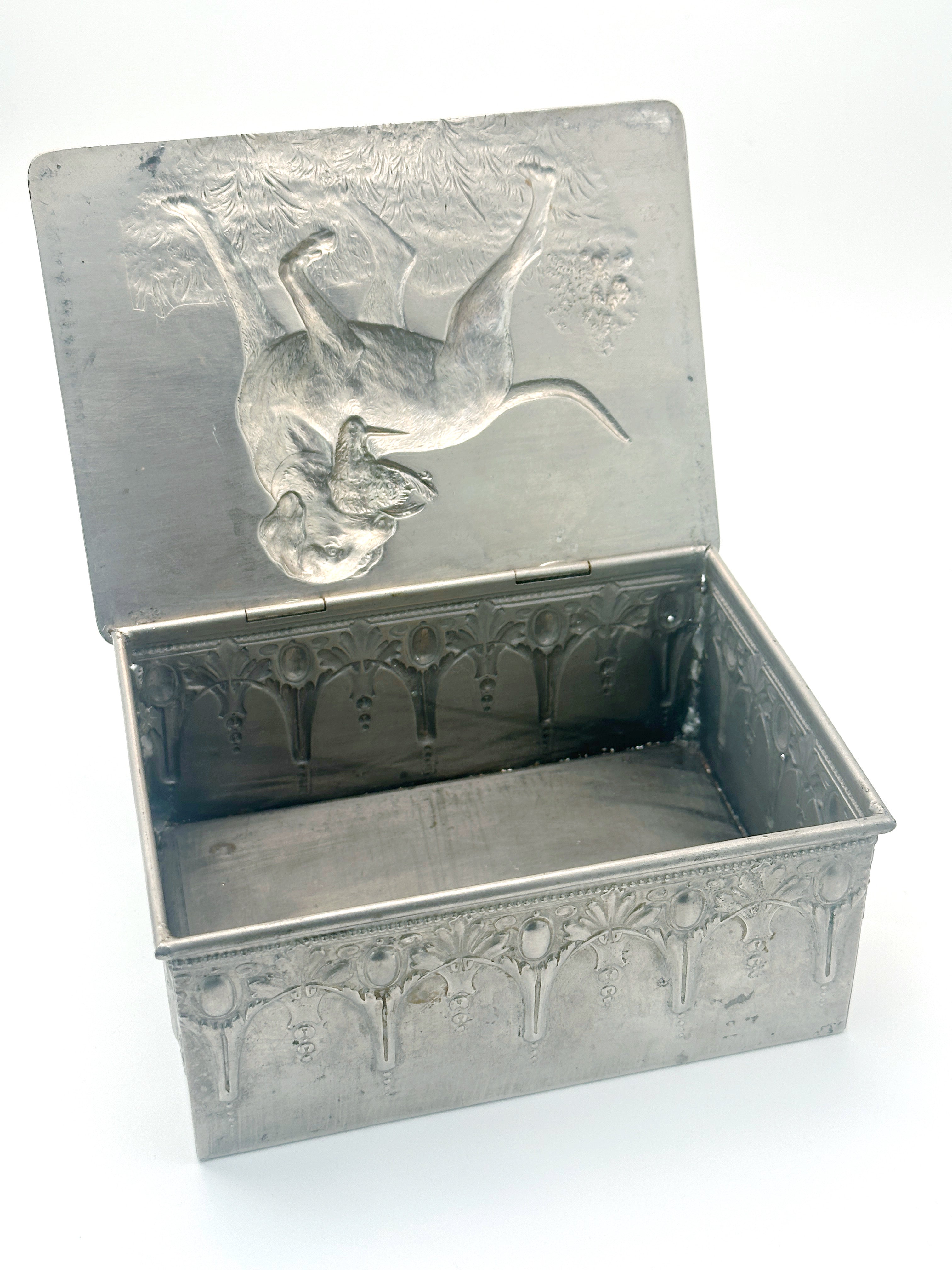 Vintage Metalldose mit Jagdmotiv Hund