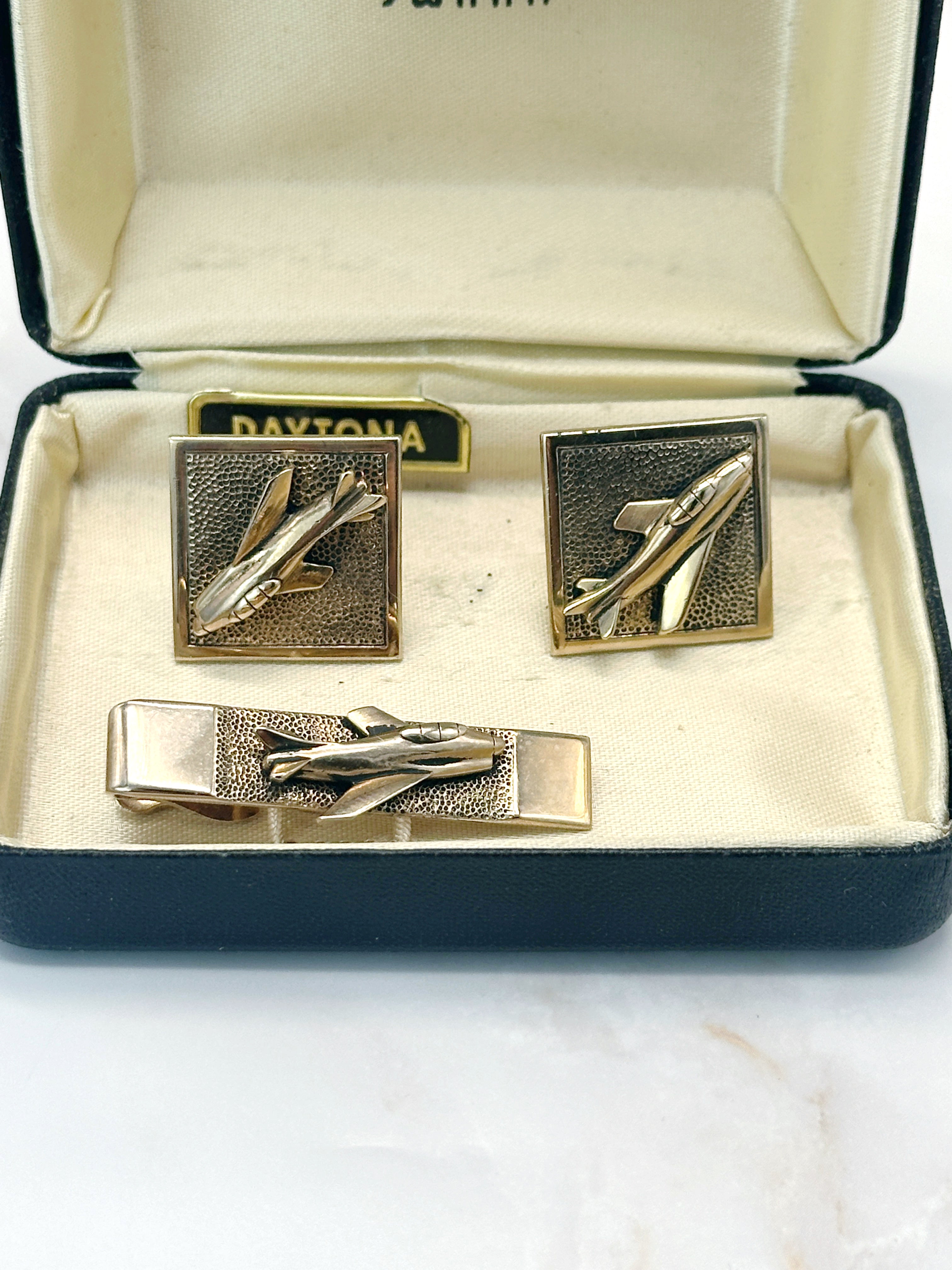 Vintage Manschettenknopf Set Daytona Flugzeug von Swank