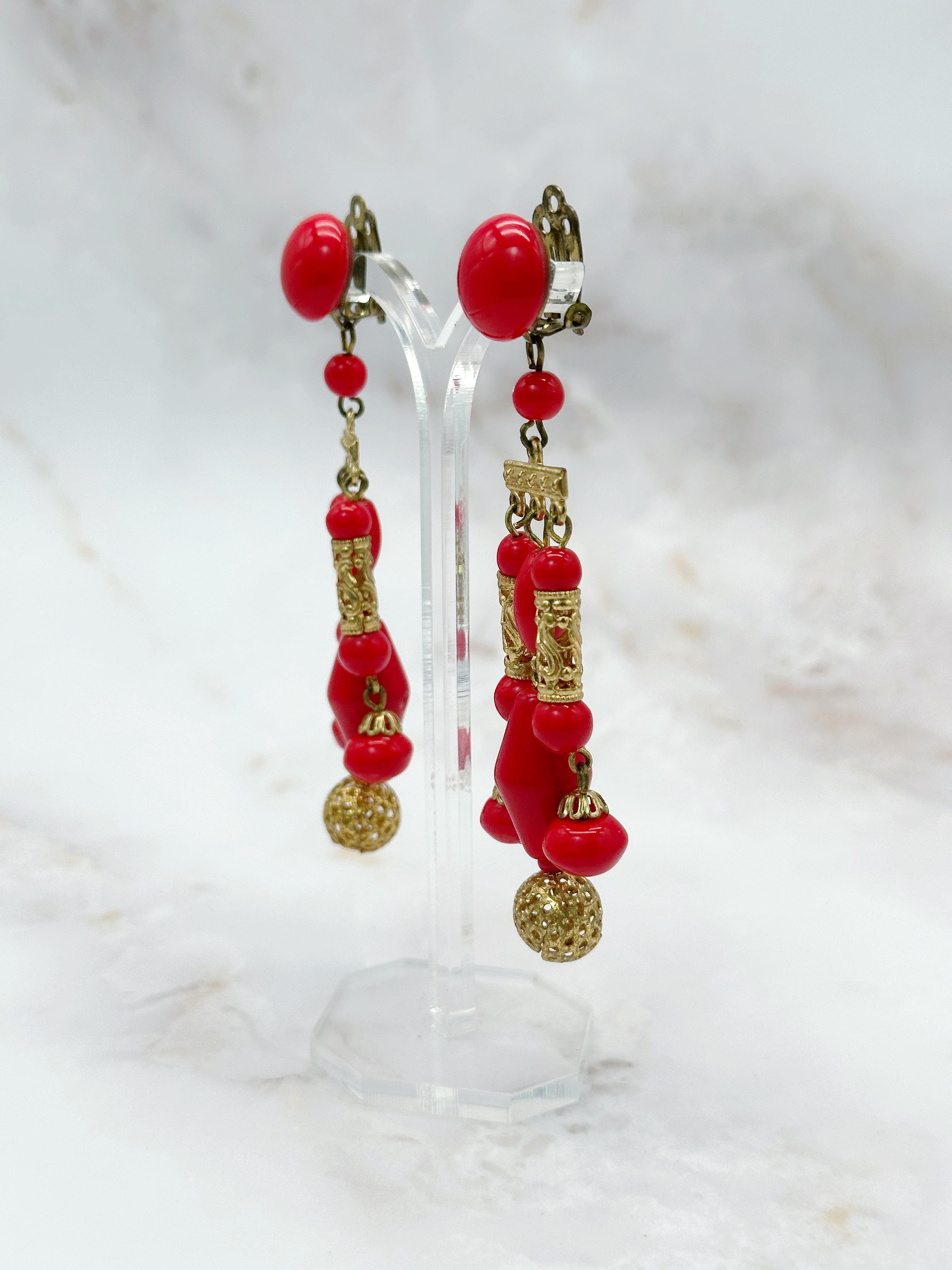 Statement Vintage Ohrclips mit rotem Glas
