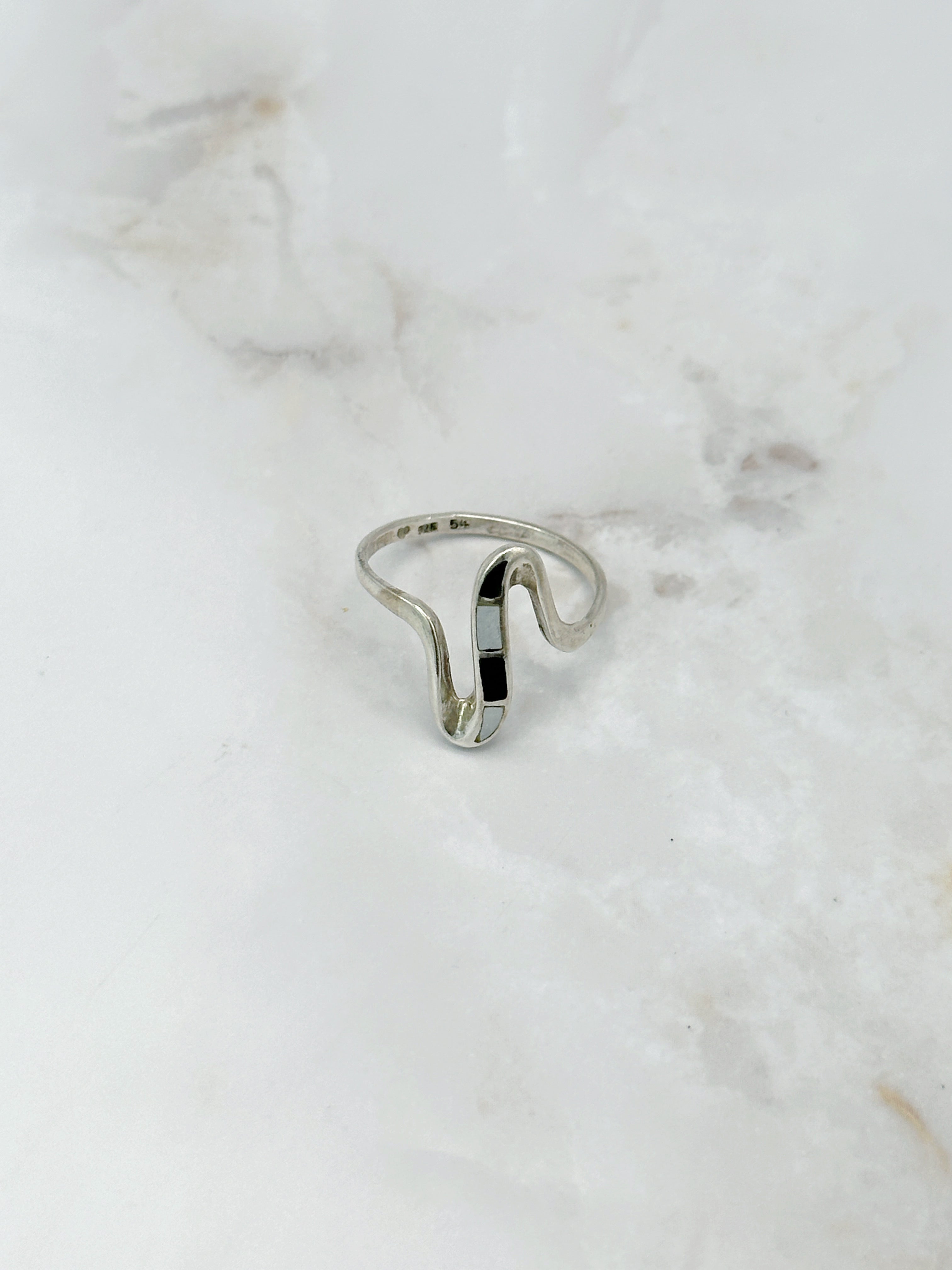 Modern silver ring 925 with graphic black and white design