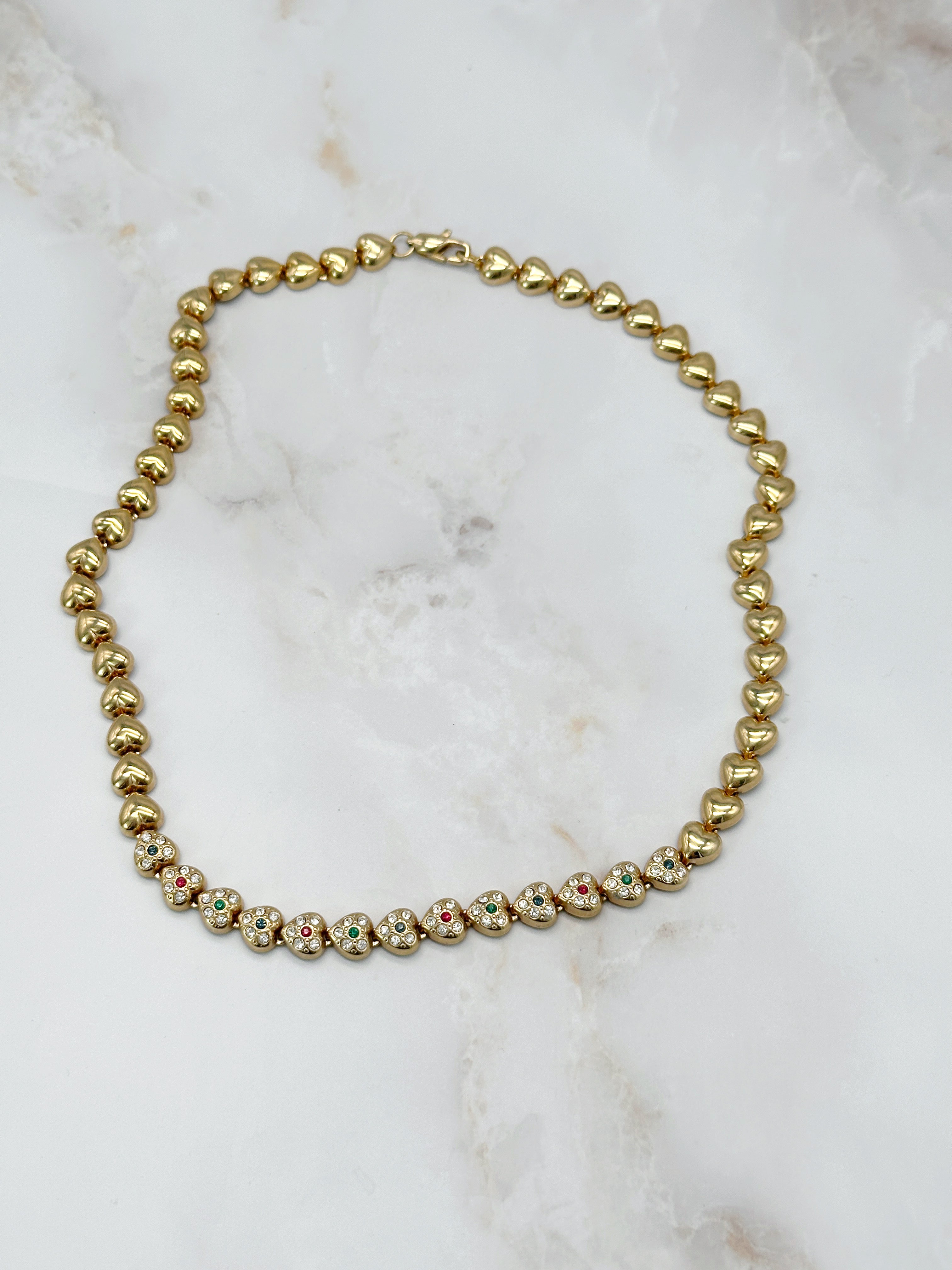 Ausgefallene Vintage Herzkette mit bunten Strasssteinen