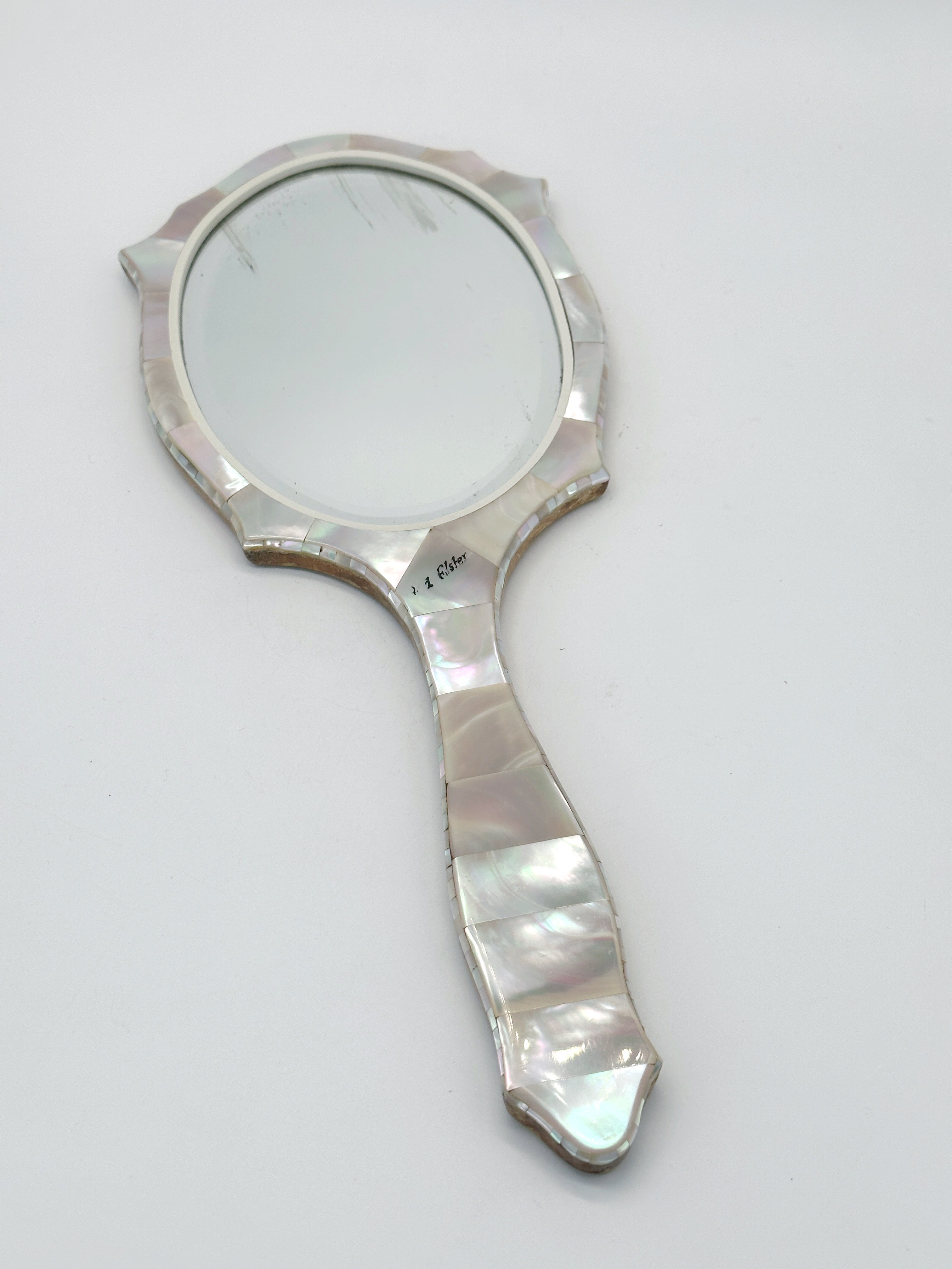 Antiker Handspiegel mit Perlmutt und Holzintarsien