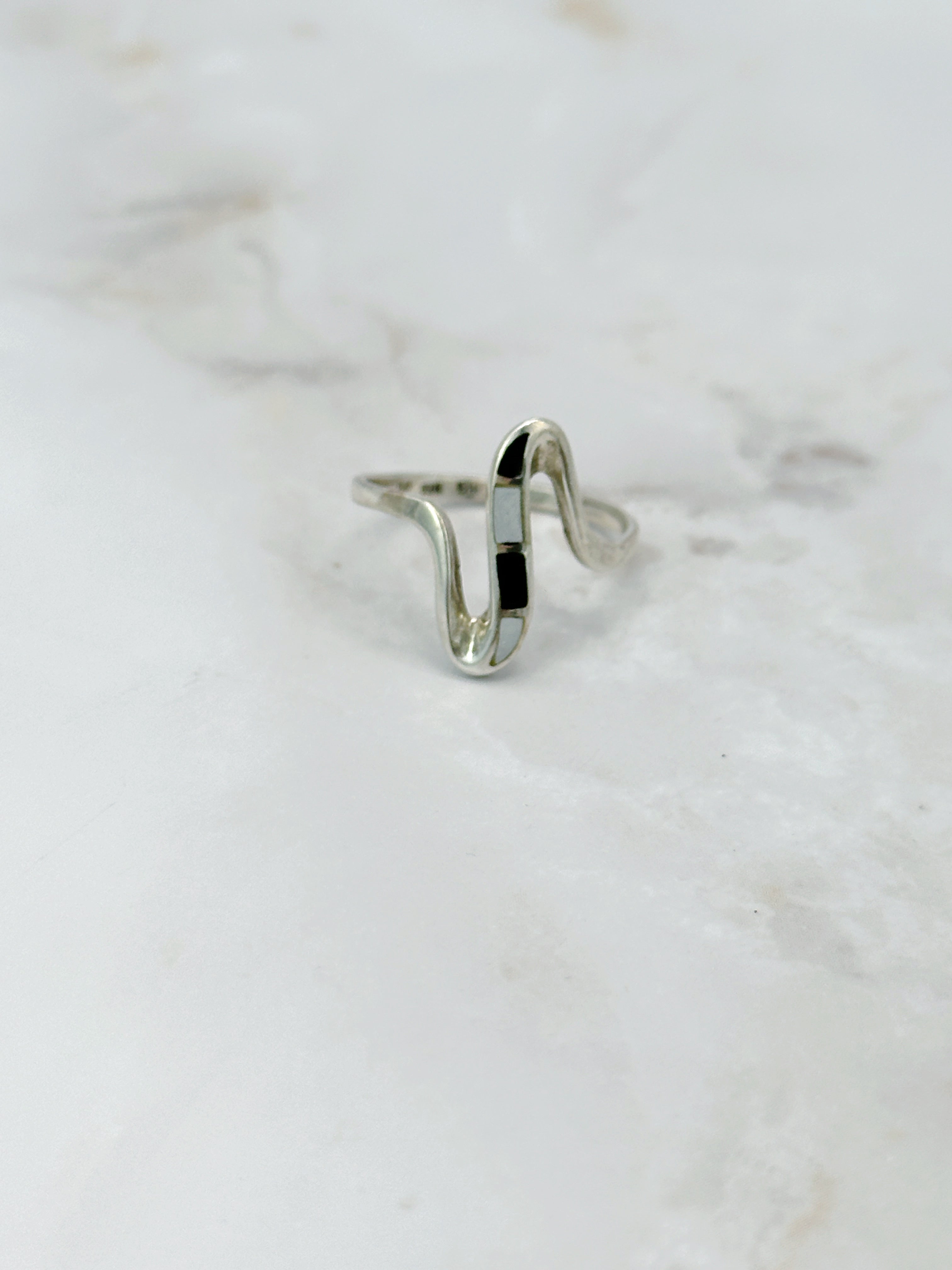 Modern silver ring 925 with graphic black and white design