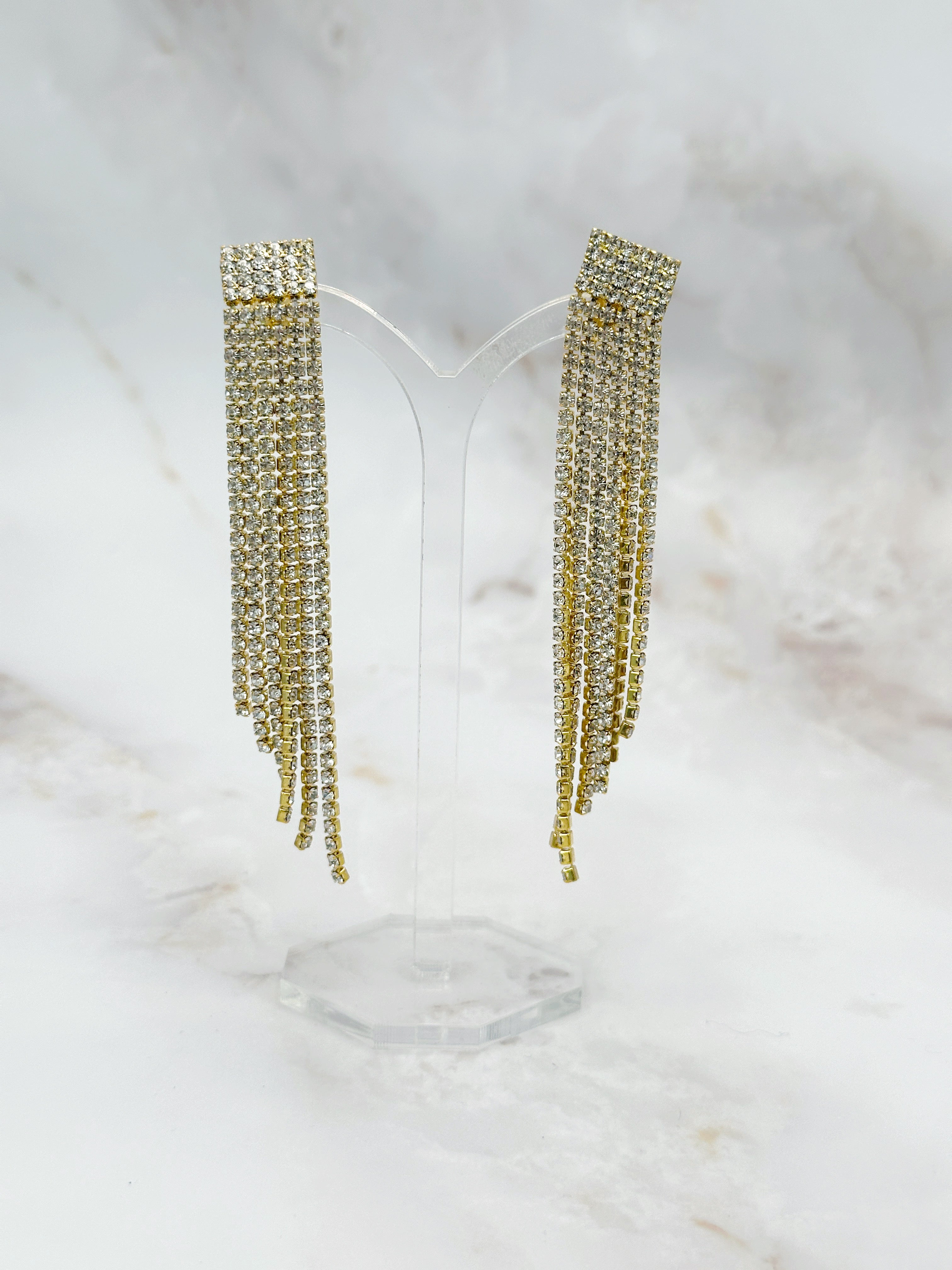 Lange Vintage Wasserfall Ohrclips, vergoldet mit Strass, 80er Jahre