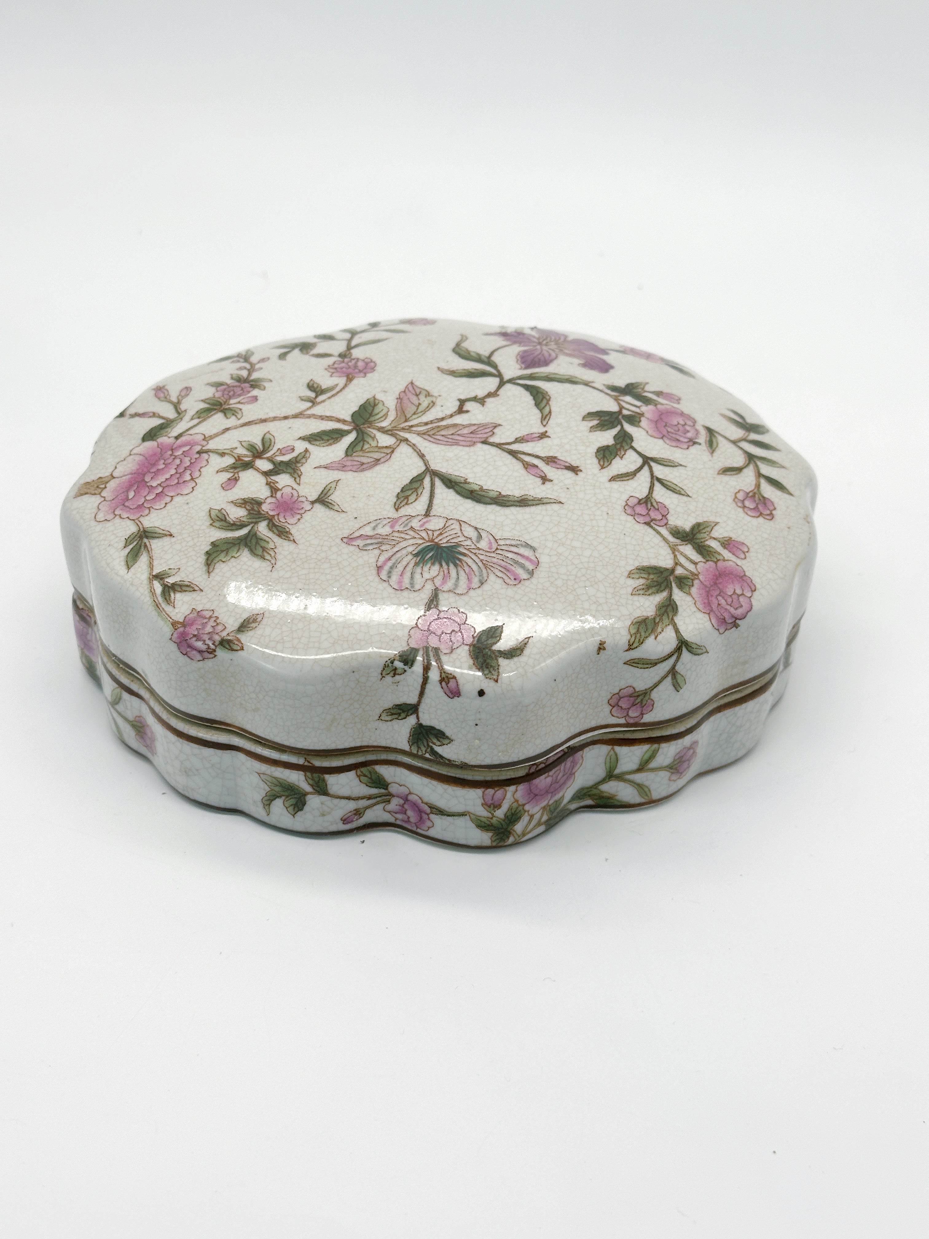 Nostalgische Keramik-Deckeldose mit Blumenmotiv und Craquelé