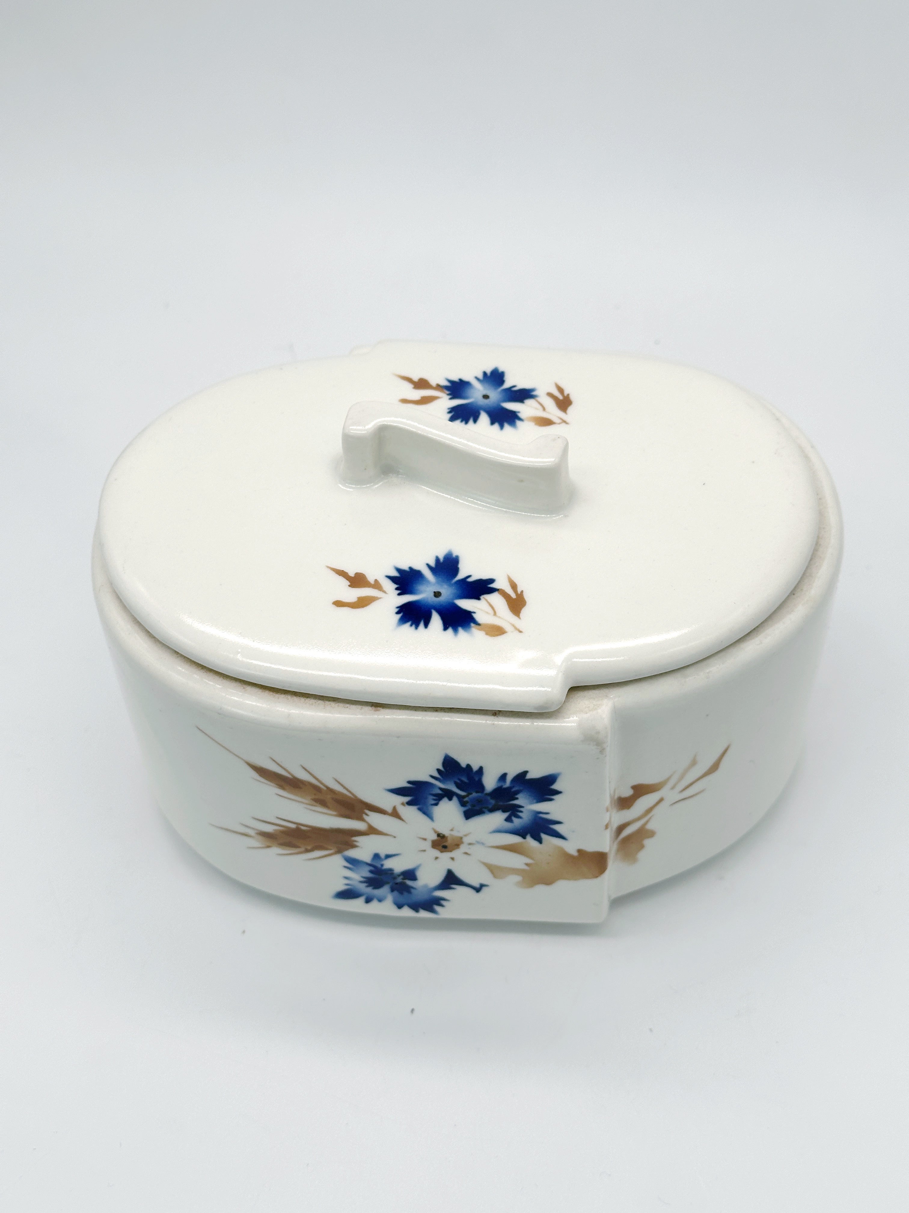 Art Déco Deckeldose mit Spritzdekor in Blau und Braun um 1930