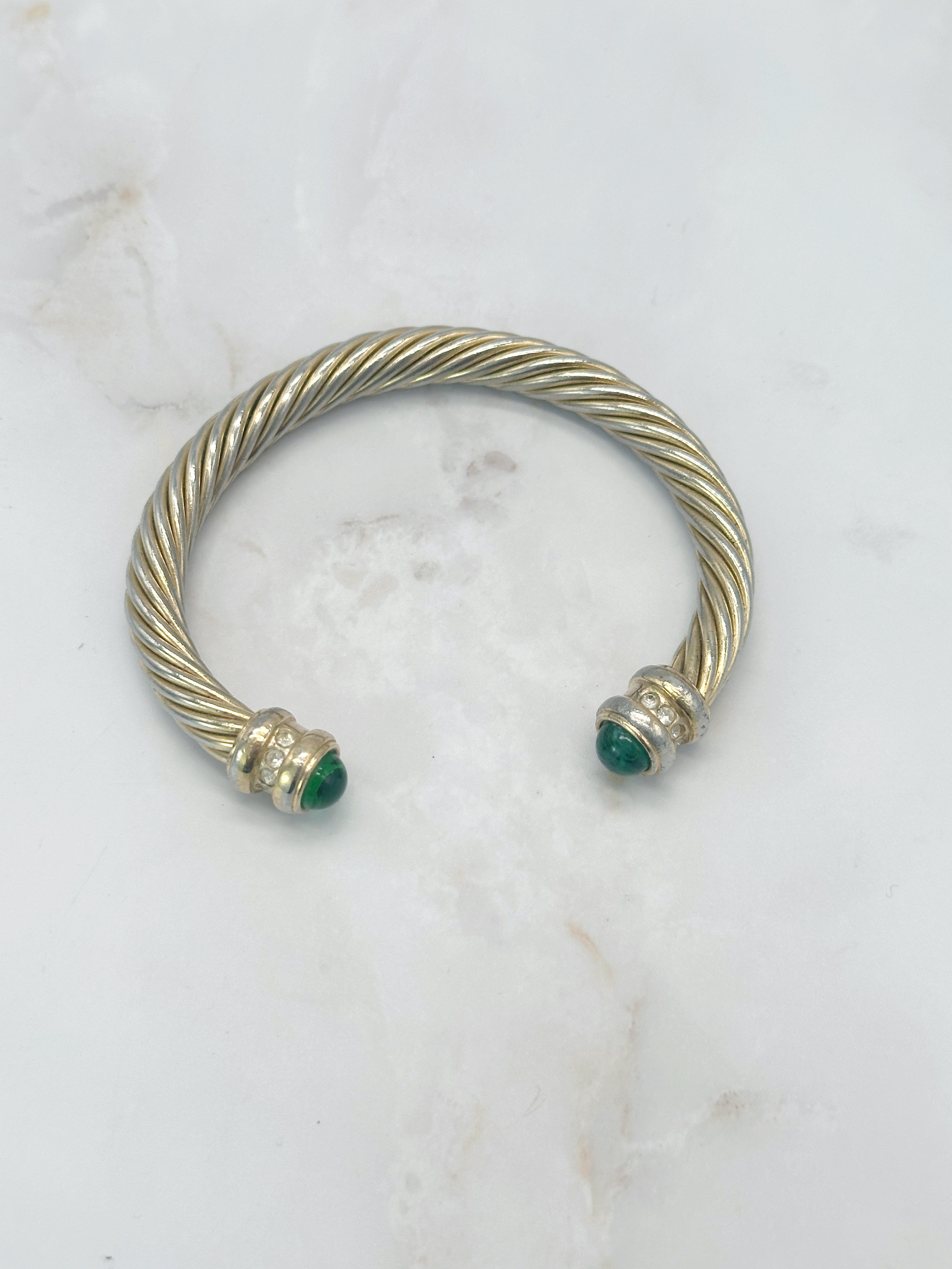 Open Vintage Bangle Green Glass Cabochon Rhinestone Gold Plated