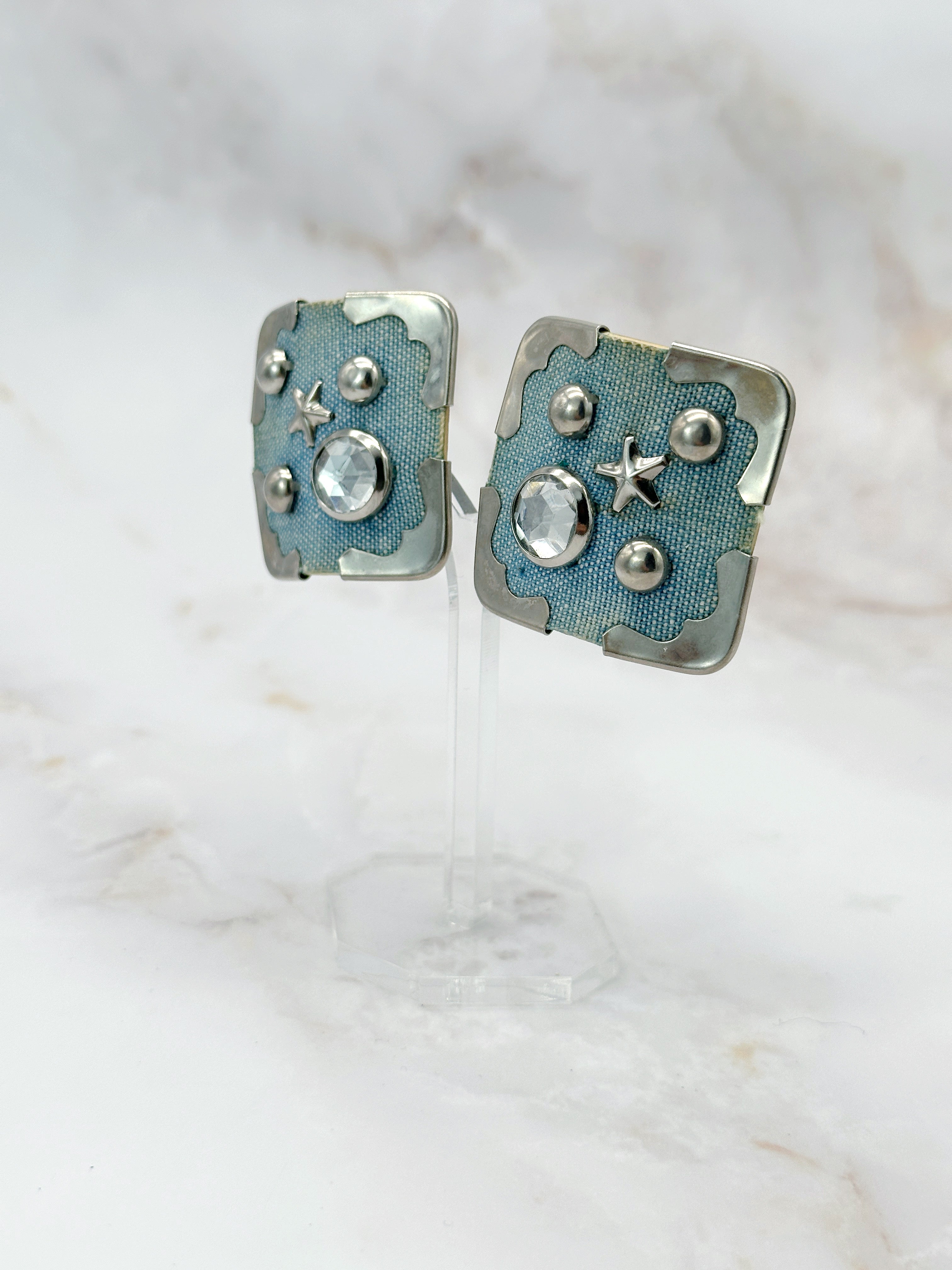 Vintage Statement-Ohrclips mit Jeansstoff und Strass-Stern