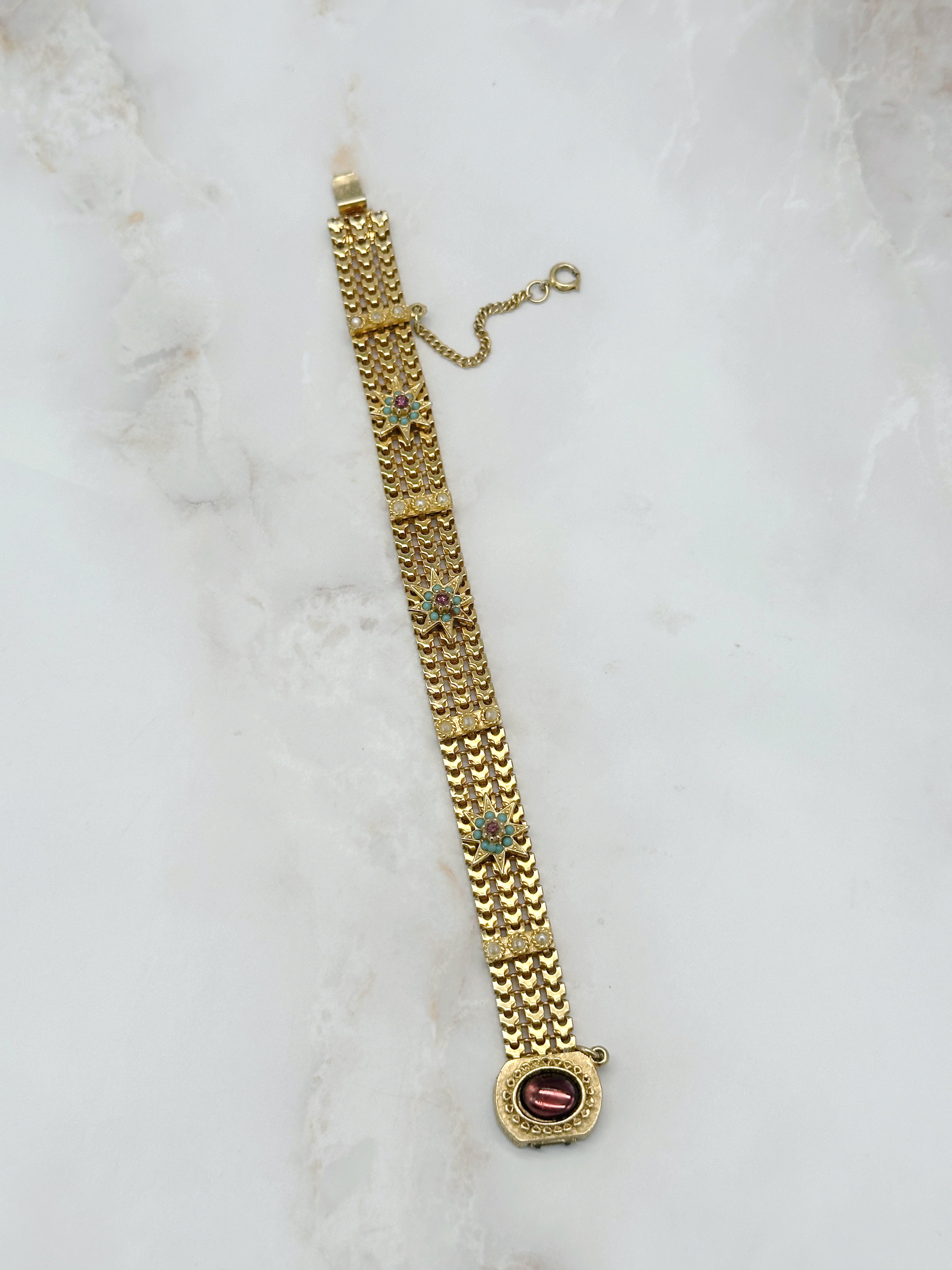 Vintage Armband mit türkisen Glassteinen und Imitationsperlen