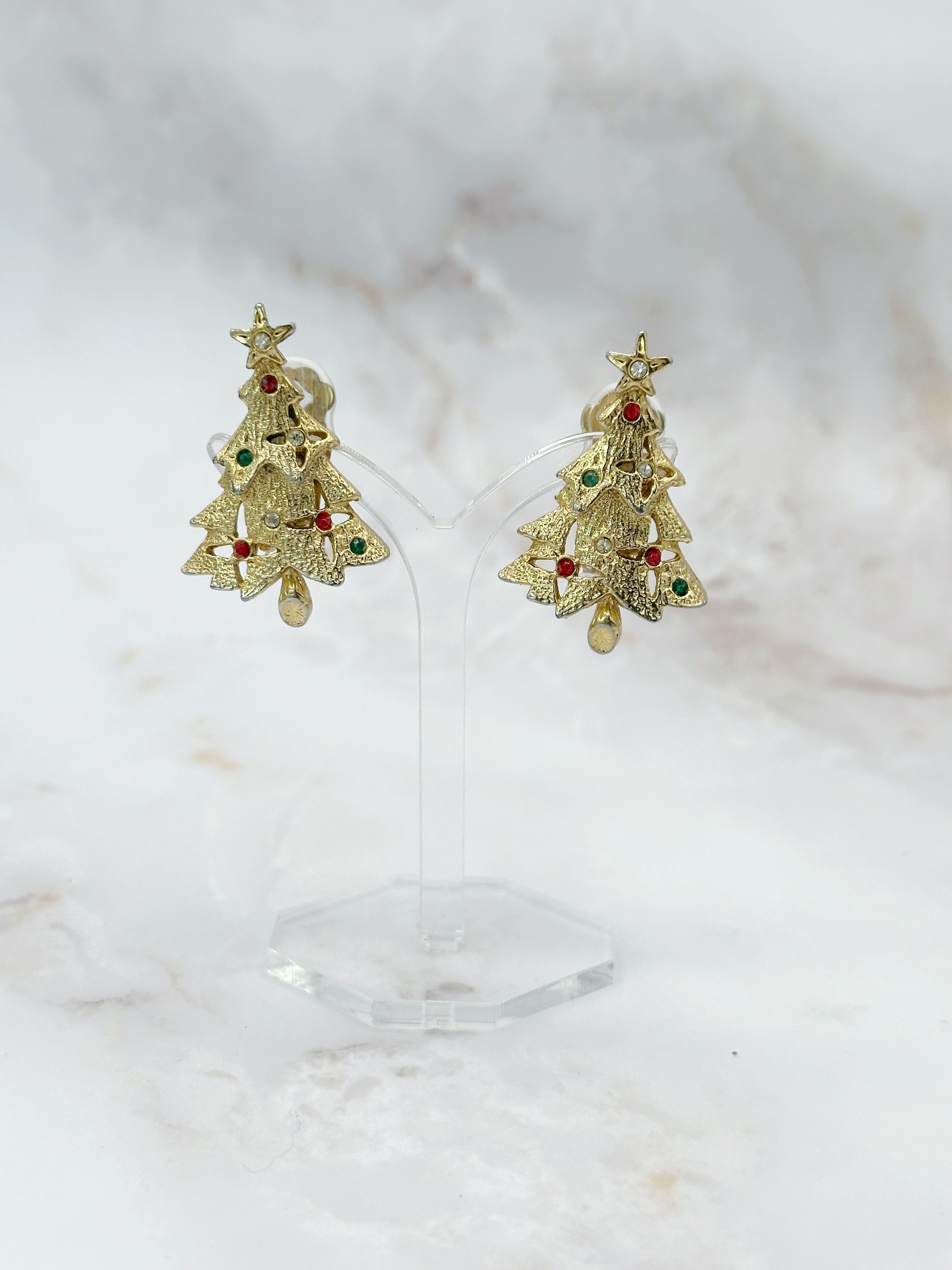 Festliche Vintage Weihnachtsbaum Ohrclips, vergoldet