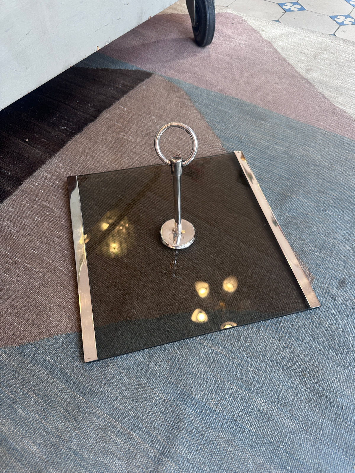 Vintage Tablett aus Frankreich um 1930 – braunes Glas und versilbertes Metall